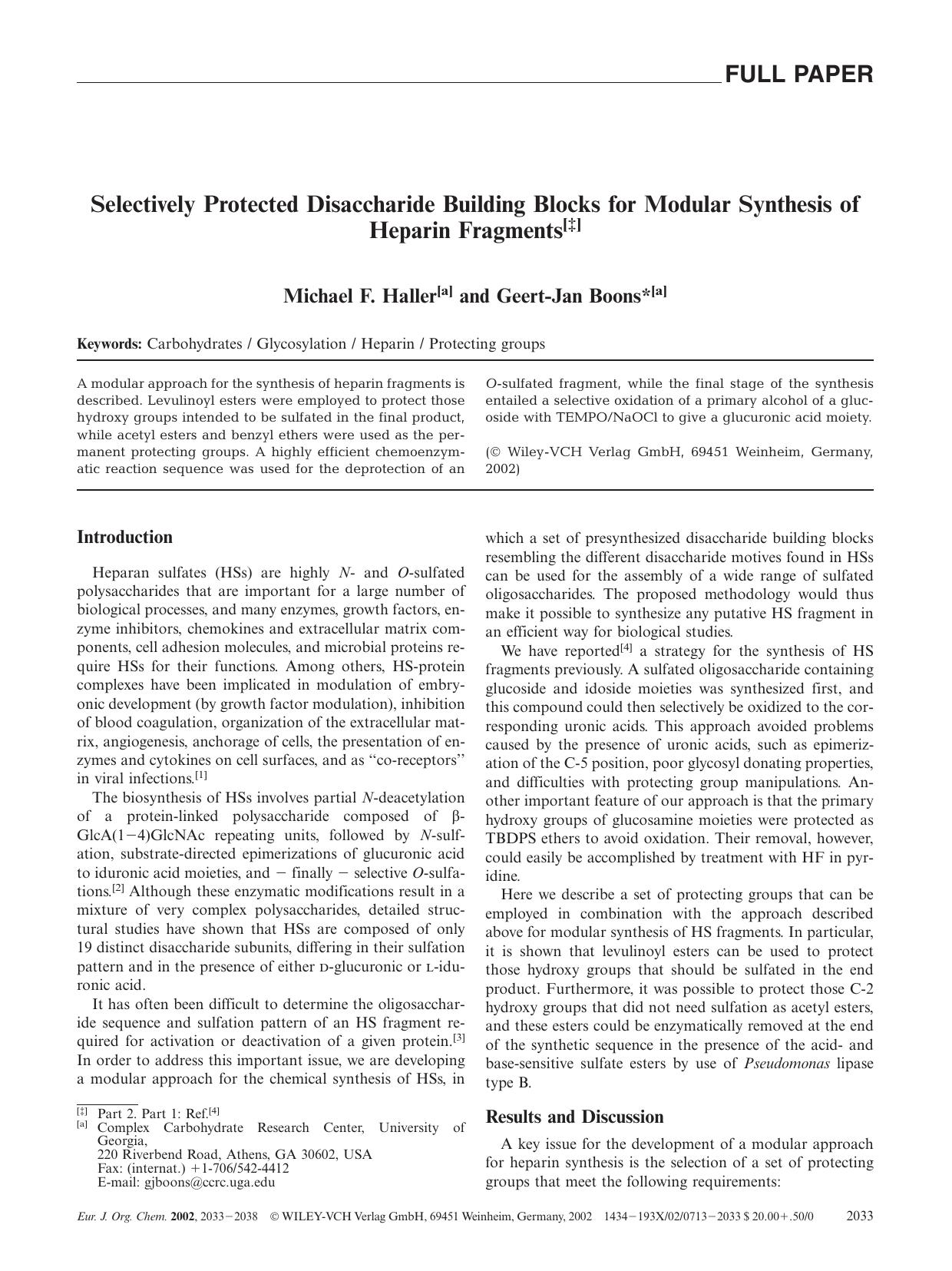Selectively Protected Disaccharide Building Blocks for Modular Synthesis of Heparin Fragments by Unknown