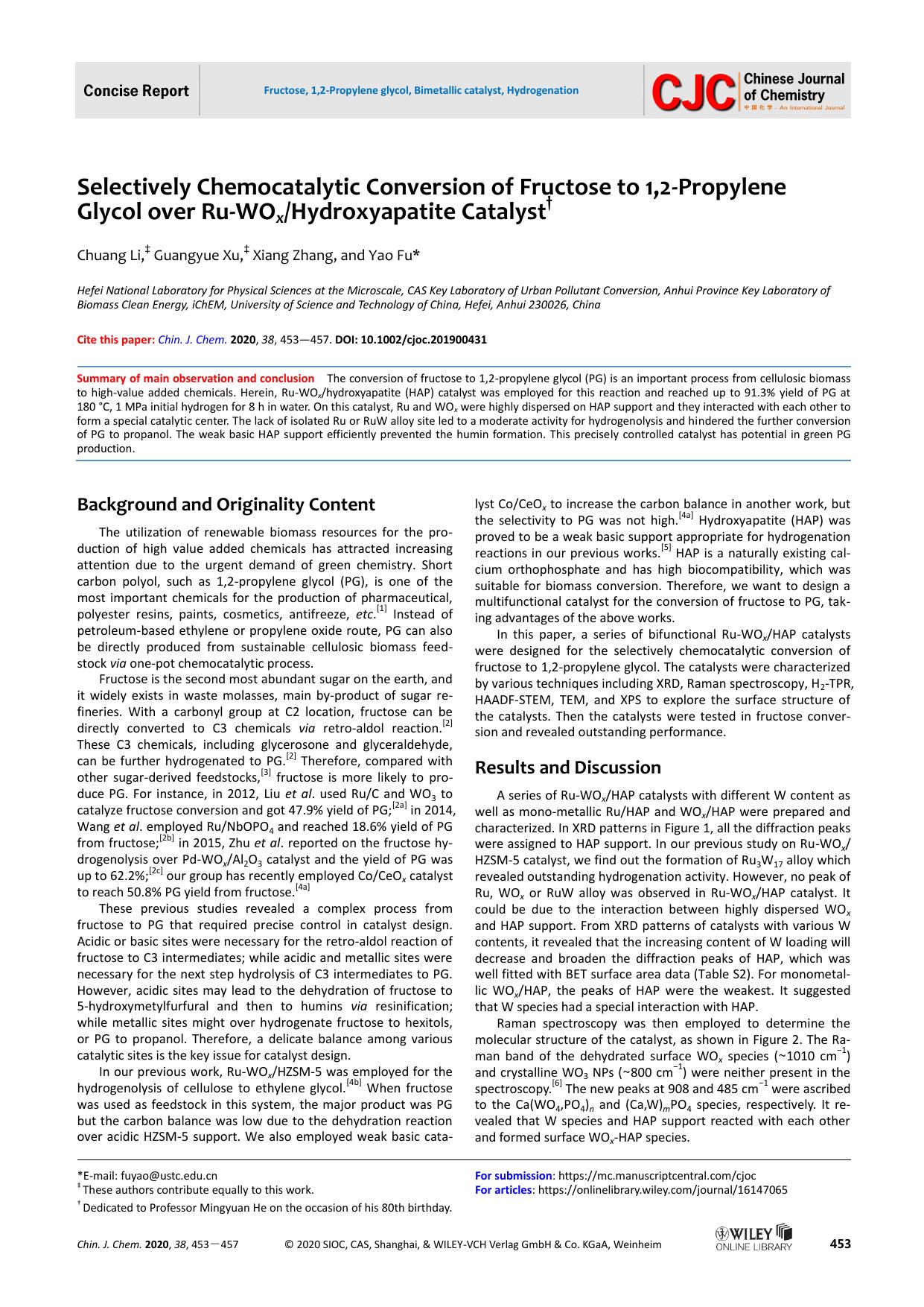 Selectively chemocatalytic conversion of fructose to 1,2-propylene glycol over Ru-WOxHAP catalyst by grh