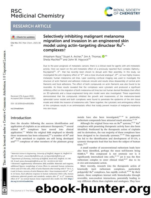 Selectively inhibiting malignant melanoma migration and invasion in an engineered skin model using actin-targeting dinuclear RuII-complexes by Ahtasham Raza & Stuart A. Archer & Jim A. Thomas & Sheila MacNeil & John W. Haycock