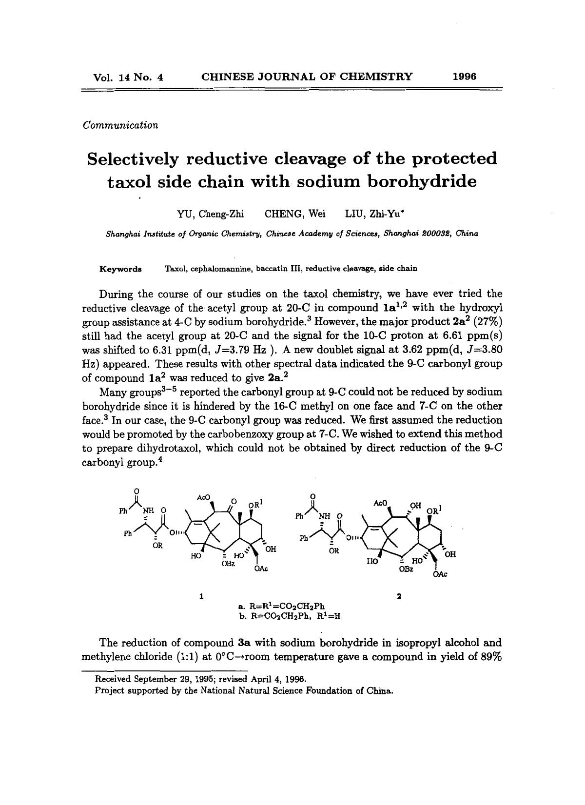 Selectively reductive cleavage of the protected taxol side chain with sodium borohydride by Unknown