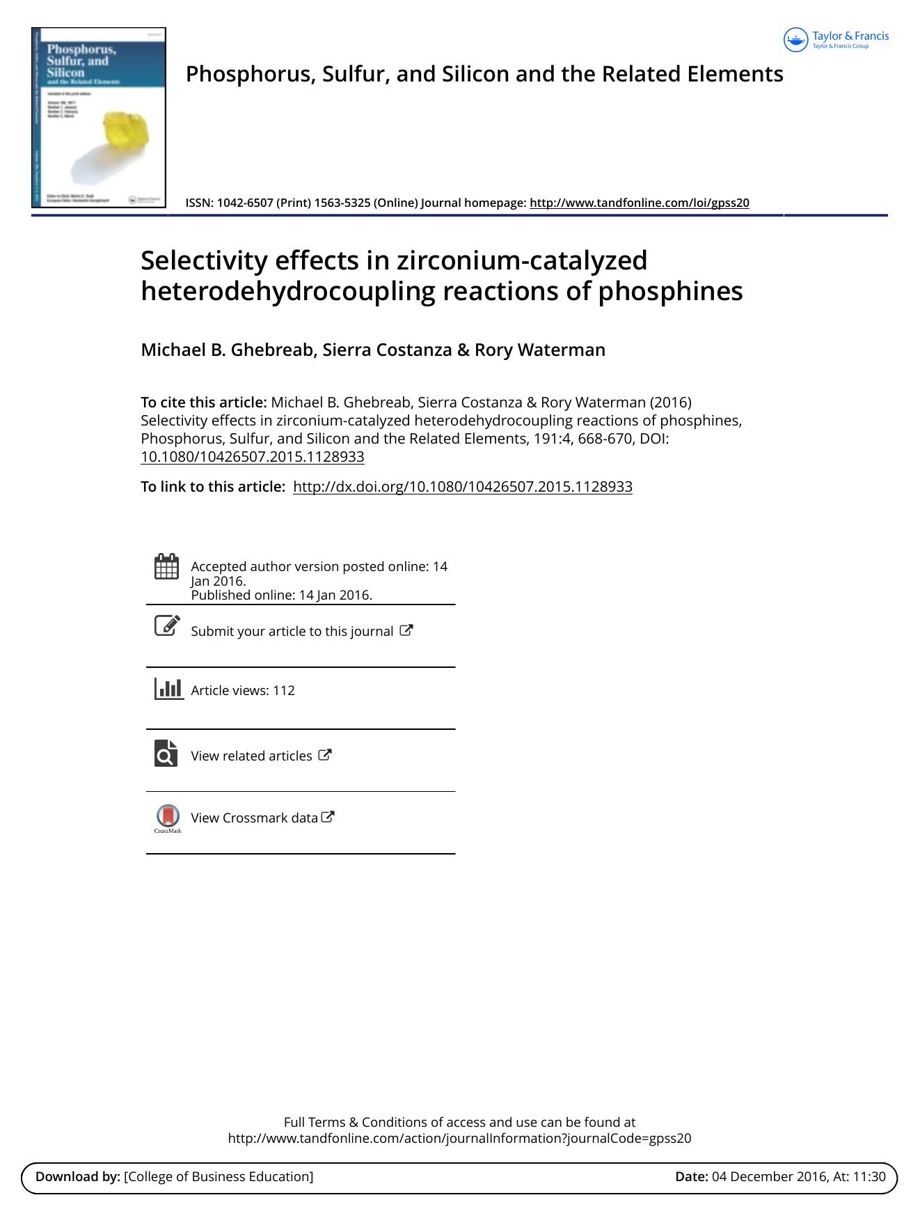 Selectivity effects in zirconium-catalyzed heterodehydrocoupling reactions of phosphines by Michael B. Ghebreab & Sierra Costanza & Rory Waterman