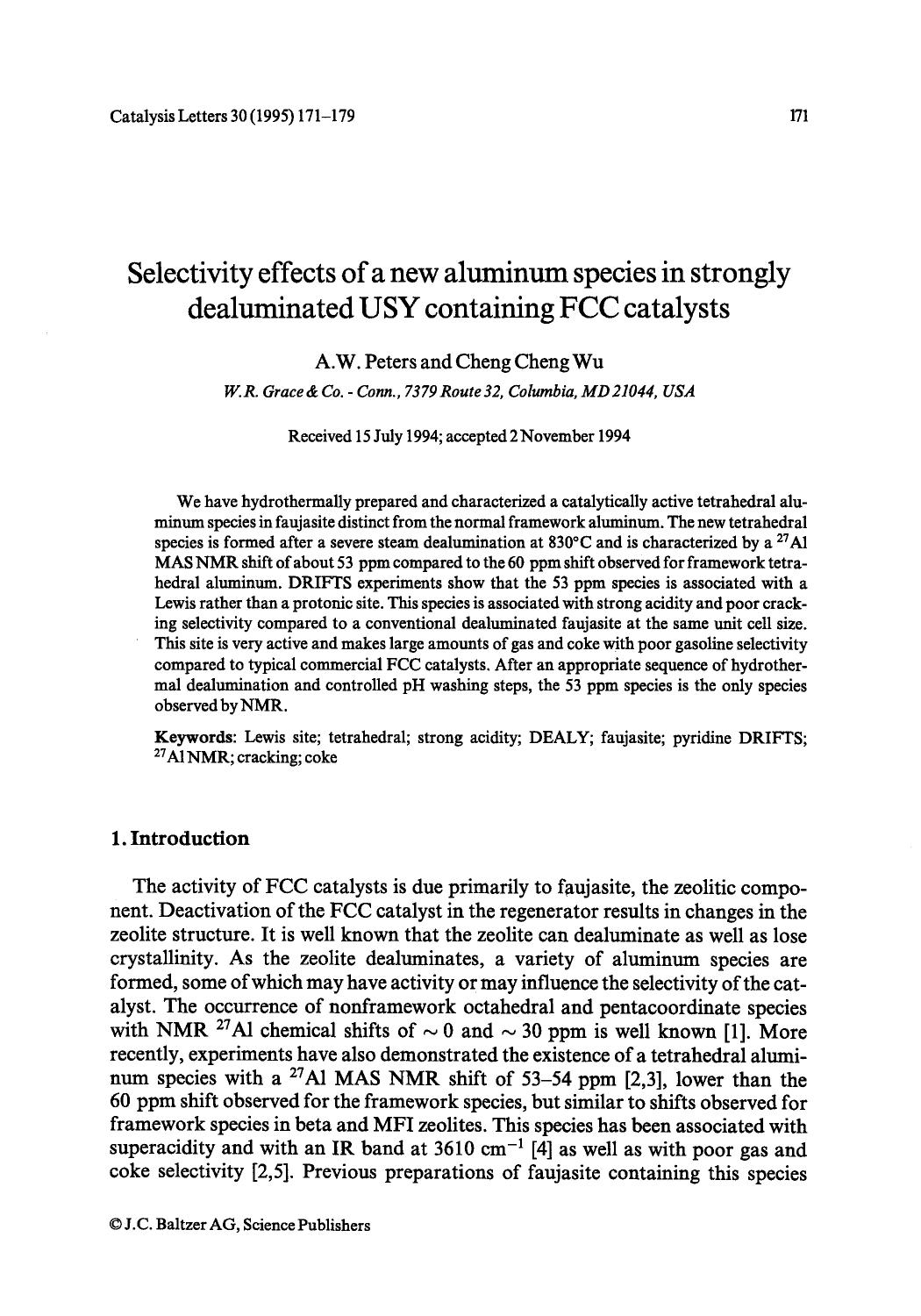 Selectivity effects of a new aluminum species in strongly dealuminated USY containing FCC catalysts by Unknown