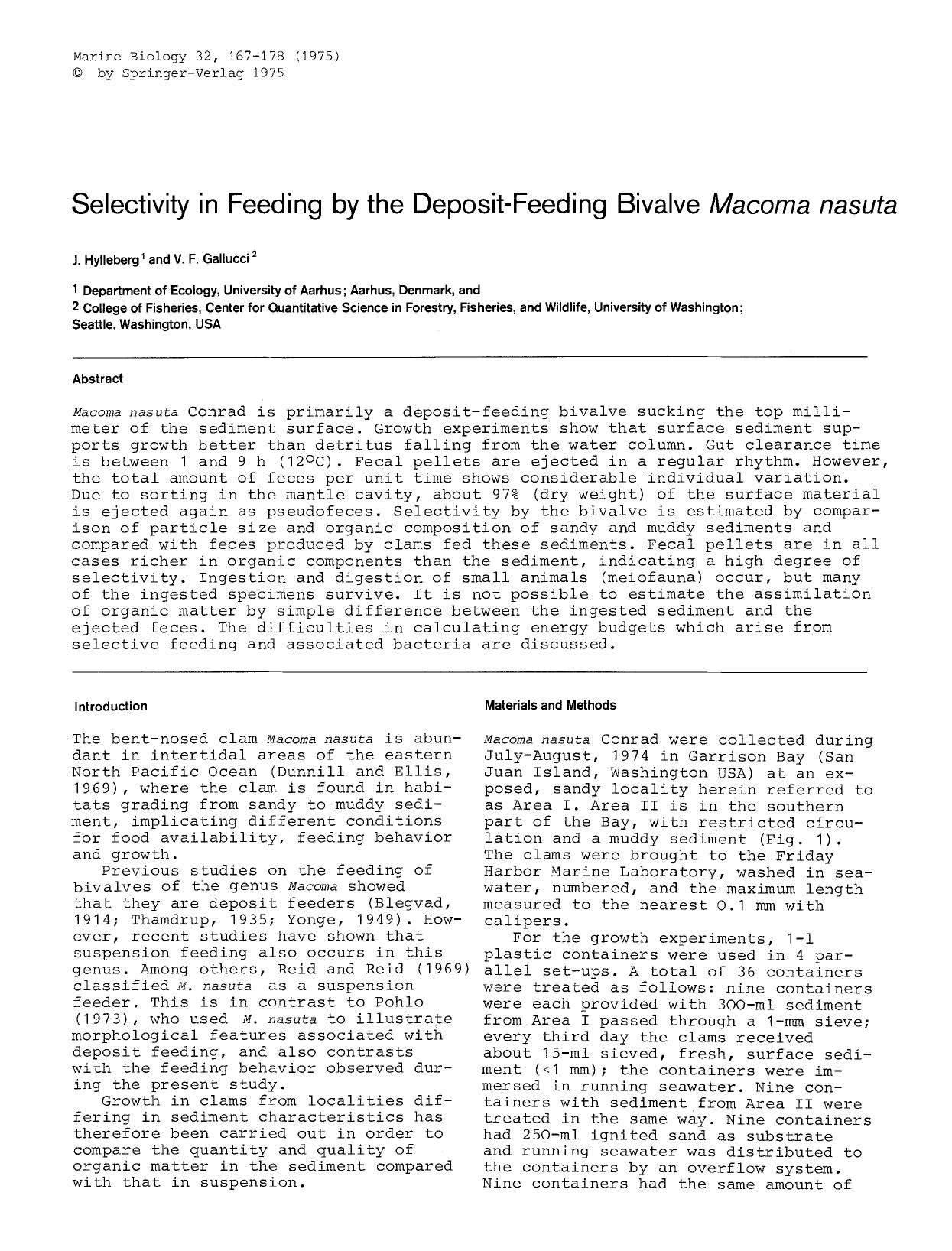 Selectivity in feeding by the deposit-feeding bivalve <Emphasis Type="Italic">Macoma nasuta<Emphasis> by Unknown