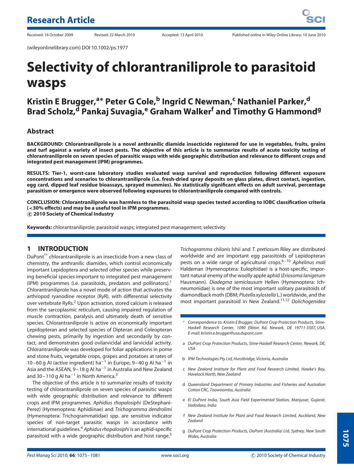 Selectivity of chlorantraniliprole to parasitoid wasps by Unknown