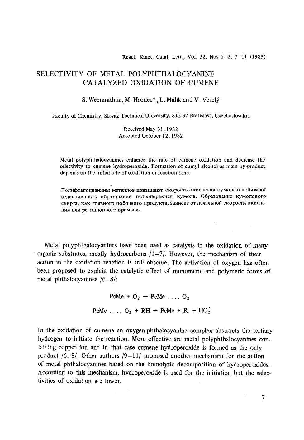 Selectivity of metal polyphthalocyanine catalyzed oxidation of cumene by Unknown
