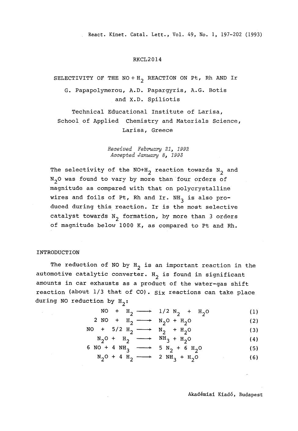 Selectivity of the NO+H <Subscript>2 <Subscript> reaction on Pt, Rh and Ir by Unknown