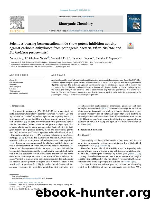 Selenides bearing benzenesulfonamide show potent inhibition activity against carbonic anhydrases from pathogenic bacteria Vibrio cholerae and Burkholderia pseudomallei by Andrea Angeli & Ghulam Abbas & Sonia del Prete & Clemente Capasso & Claudiu T. Supuran