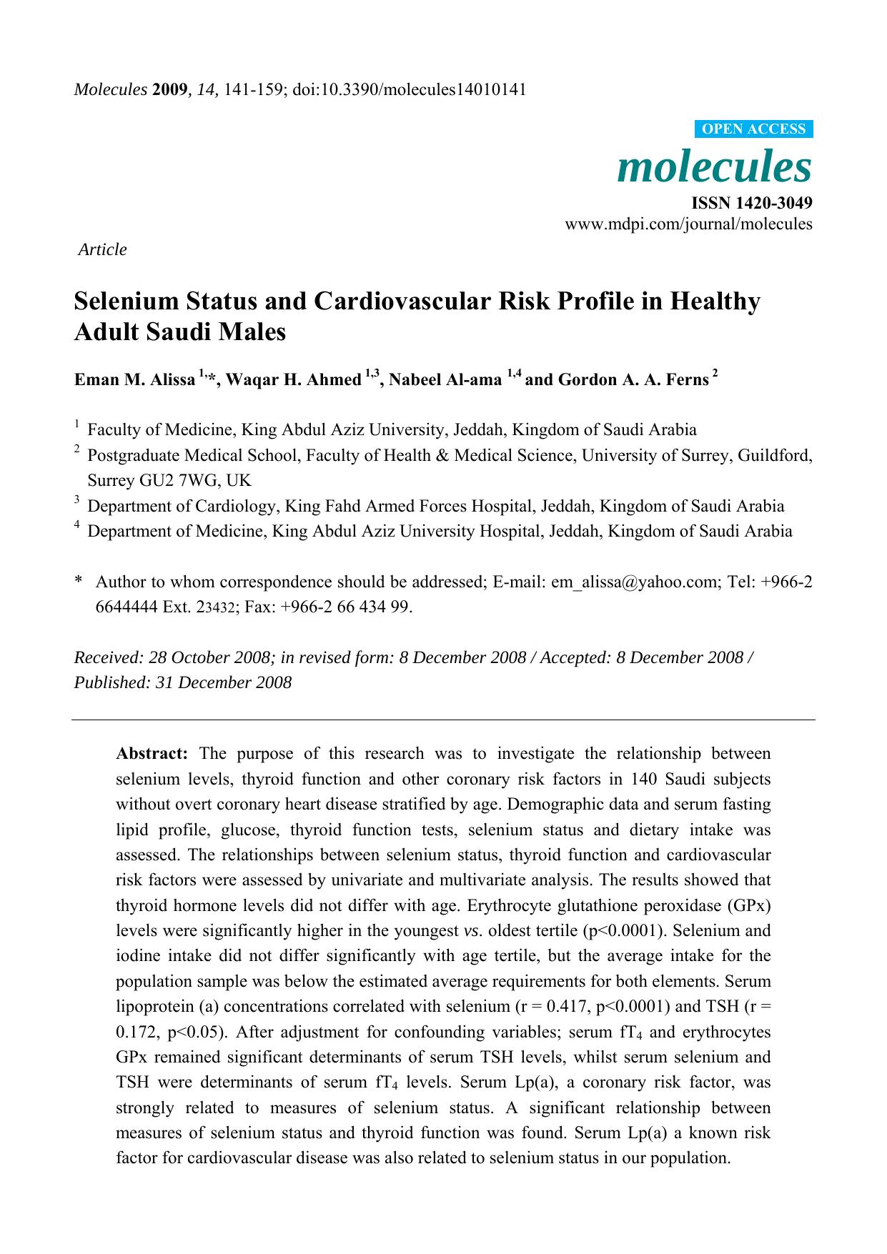 Selenium Status and Cardiovascular Risk Profile in Healthy Adult Saudi Males by Eman M Alissa & Waqar H Ahmed & Nabeel Al-ama & Gordon A A Ferns