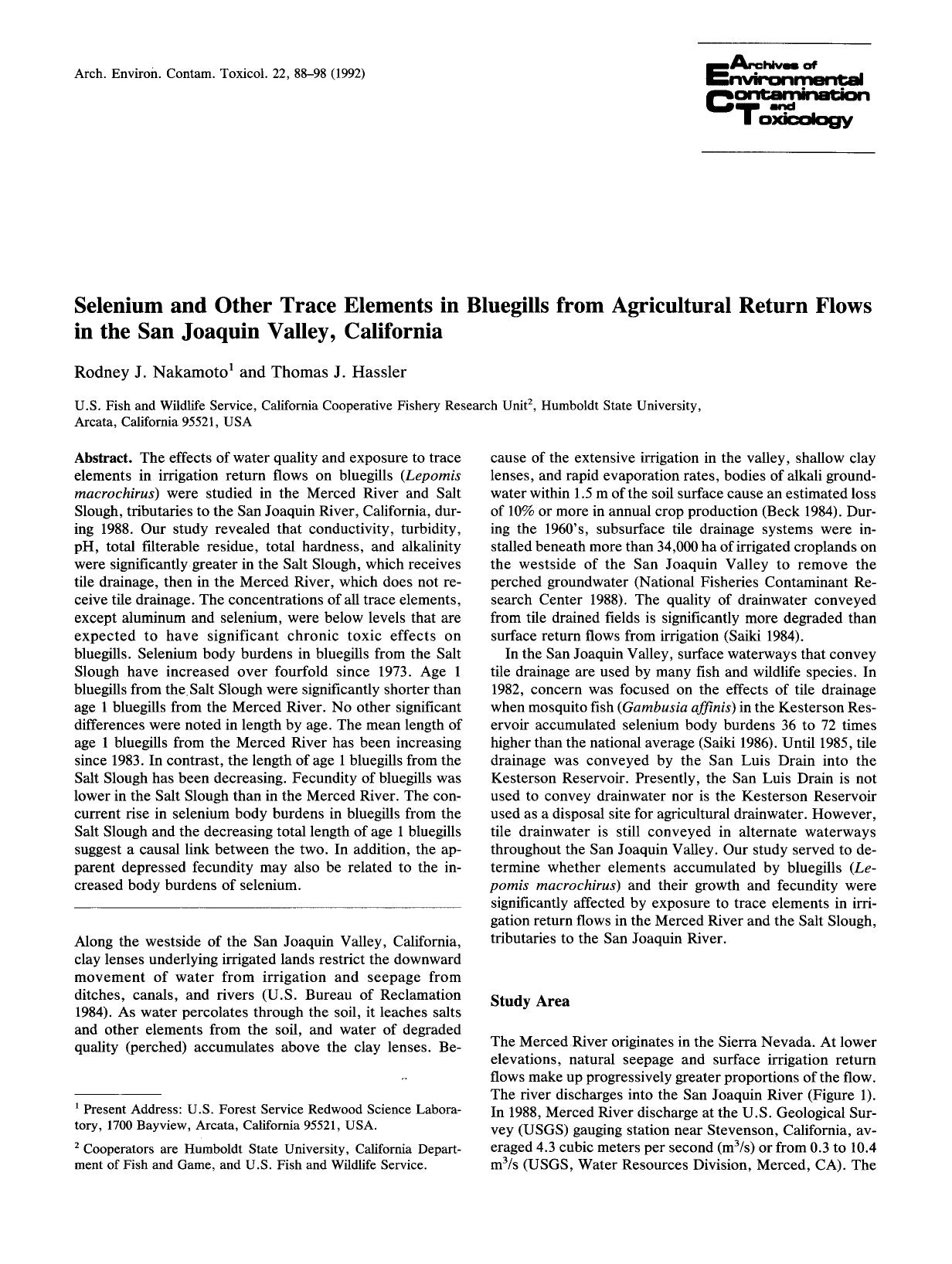 Selenium and other trace elements in bluegills from agricultural return flows in the San Joaquin Valley, California by Unknown