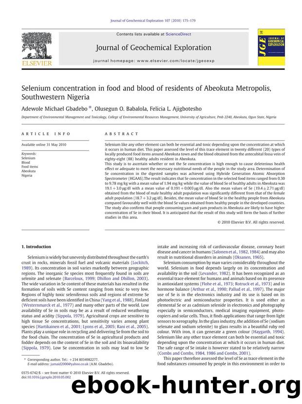 Selenium concentration in food and blood of residents of Abeokuta Metropolis, Southwestern Nigeria by Adewole Michael Gbadebo & Olusegun O. Babalola & Felicia L. Ajigbotesho