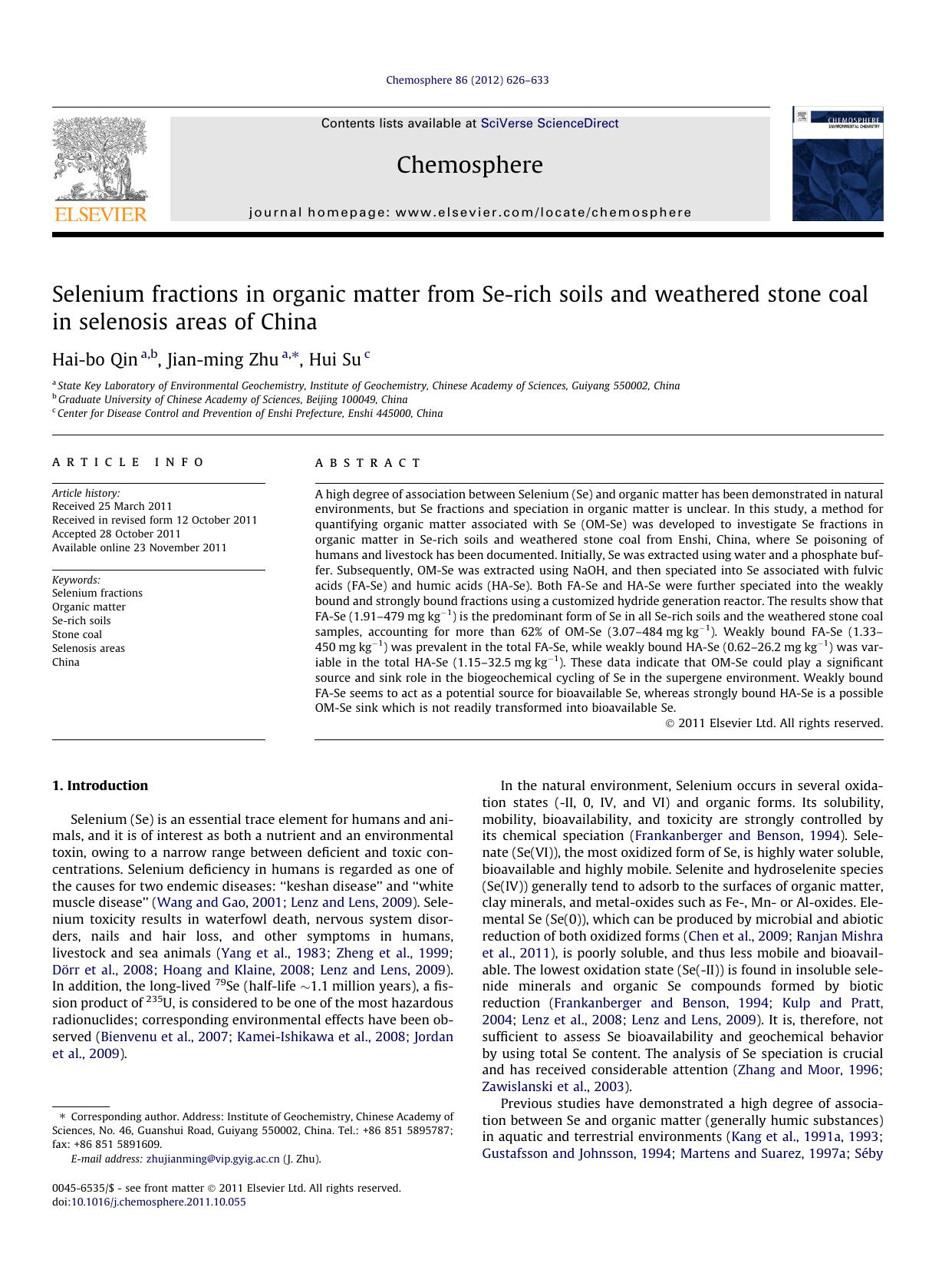Selenium fractions in organic matter from Se-rich soils and weathered stone coal in selenosis areas of China by Hai-bo Qin & Jian-ming Zhu & Hui Su