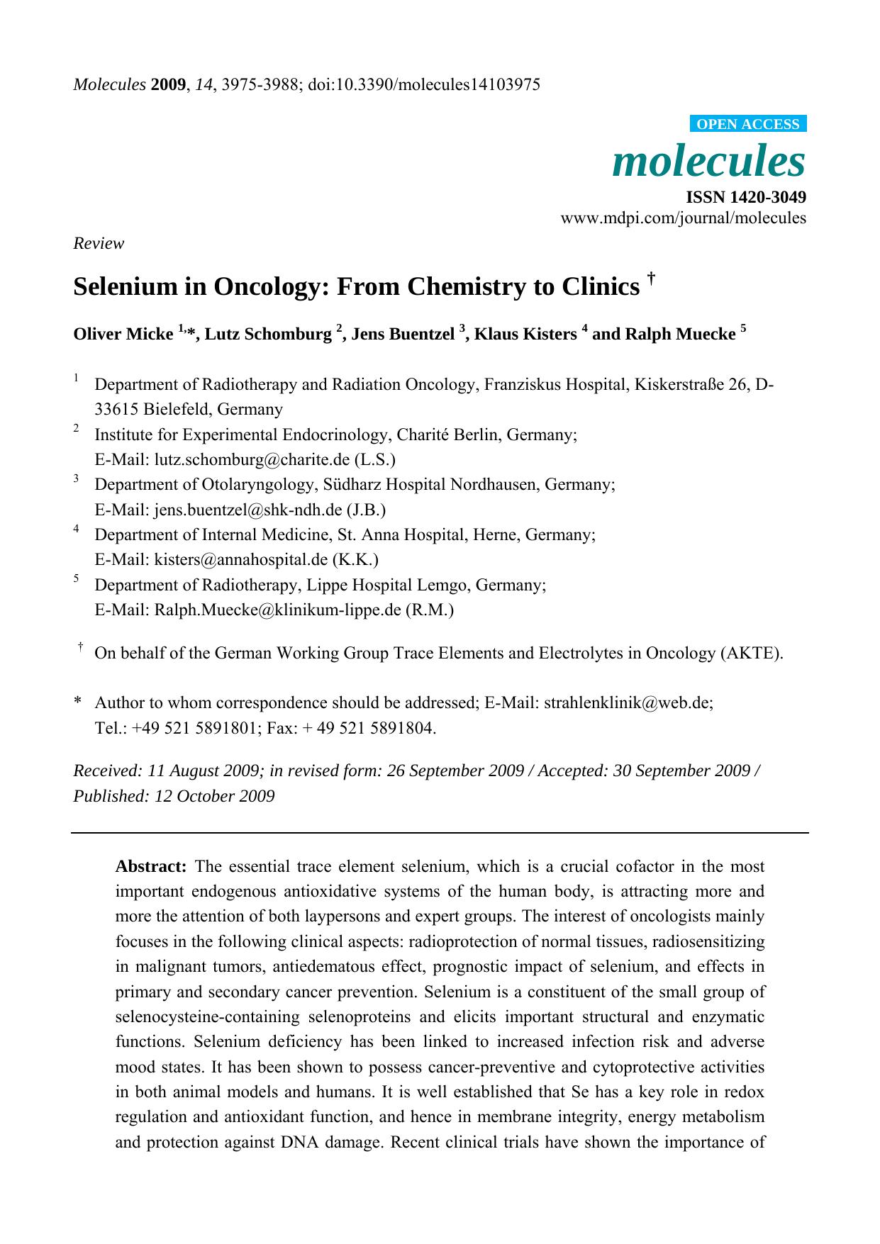 Selenium in Oncology: From Chemistry to Clinics by Oliver Micke & Lutz Schomburg & Jens Buentzel & Klaus Kisters & Ralph Muecke