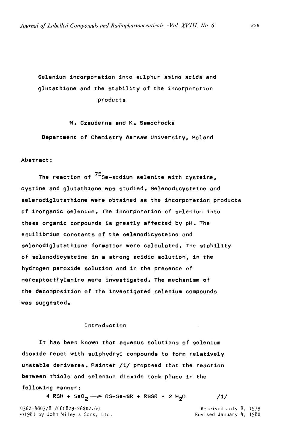 Selenium incorporation into sulphur amino acids and glutathione and the stability of the incorporation products by Unknown