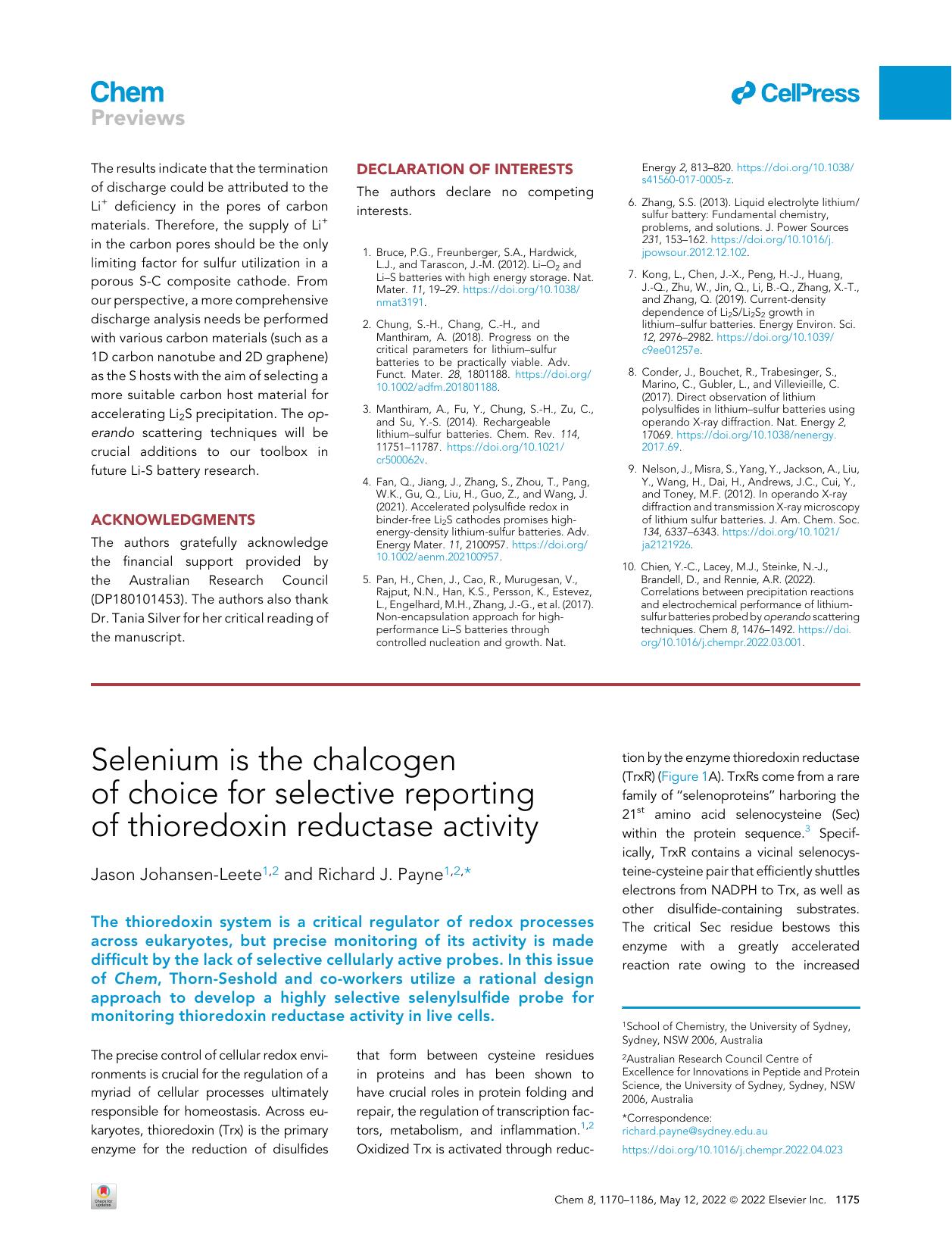 Selenium is the chalcogen of choice for selective reporting of thioredoxin reductase activity by Jason Johansen-Leete & Richard J. Payne