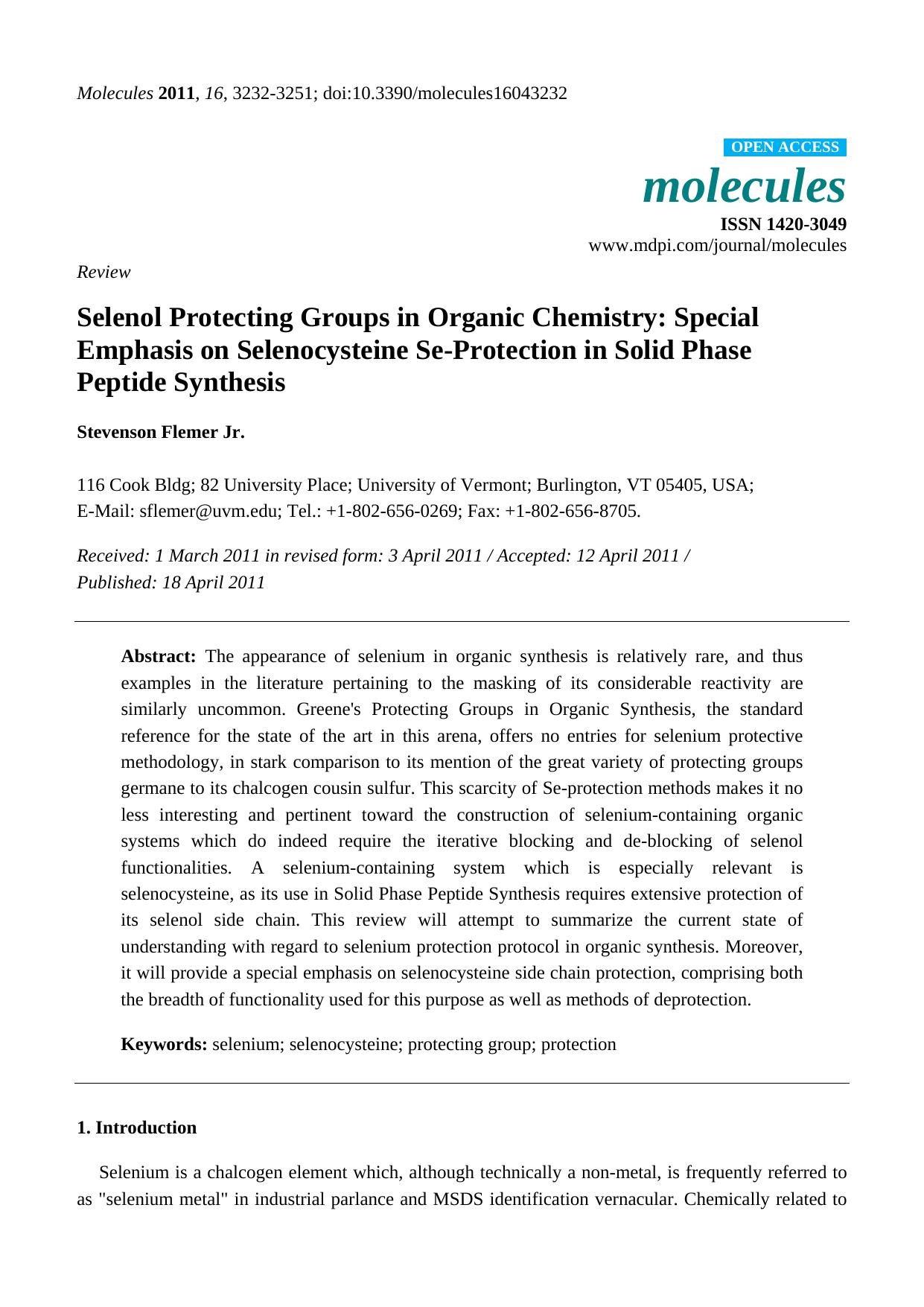 Selenol Protecting Groups in Organic Chemistry: Special Emphasis on Selenocysteine Se-Protection in Solid Phase Peptide Synthesis by Stevenson Flemer Jr