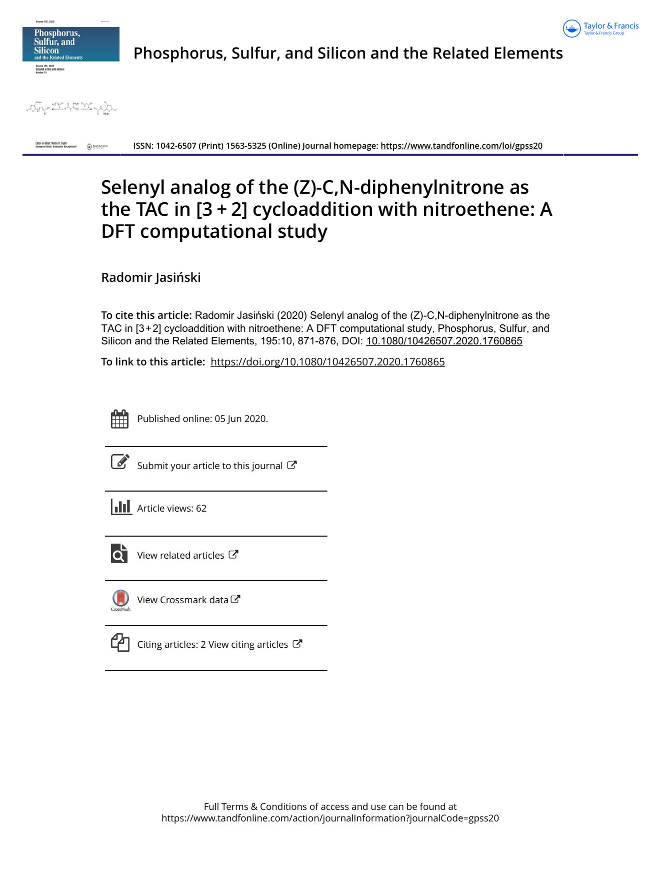 Selenyl analog of the (Z)-C,N-diphenylnitrone as the TAC in [3â+â2] cycloaddition with nitroethene: A DFT computational study by Jasiński Radomir