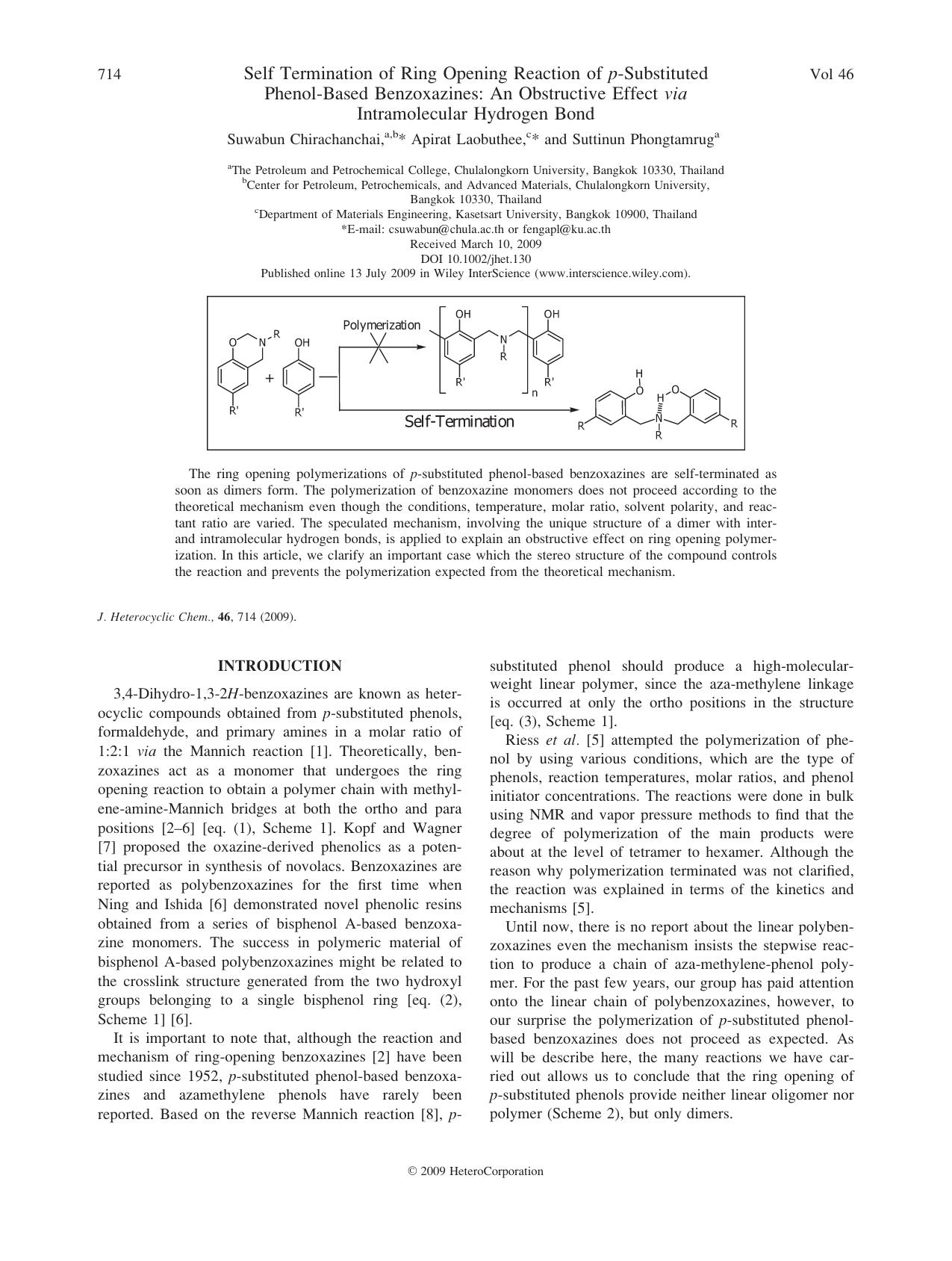 Self termination of ring opening reaction of p-substituted phenol-based benzoxazines: An obstructive effect via intramolecular hydrogen bond by Unknown