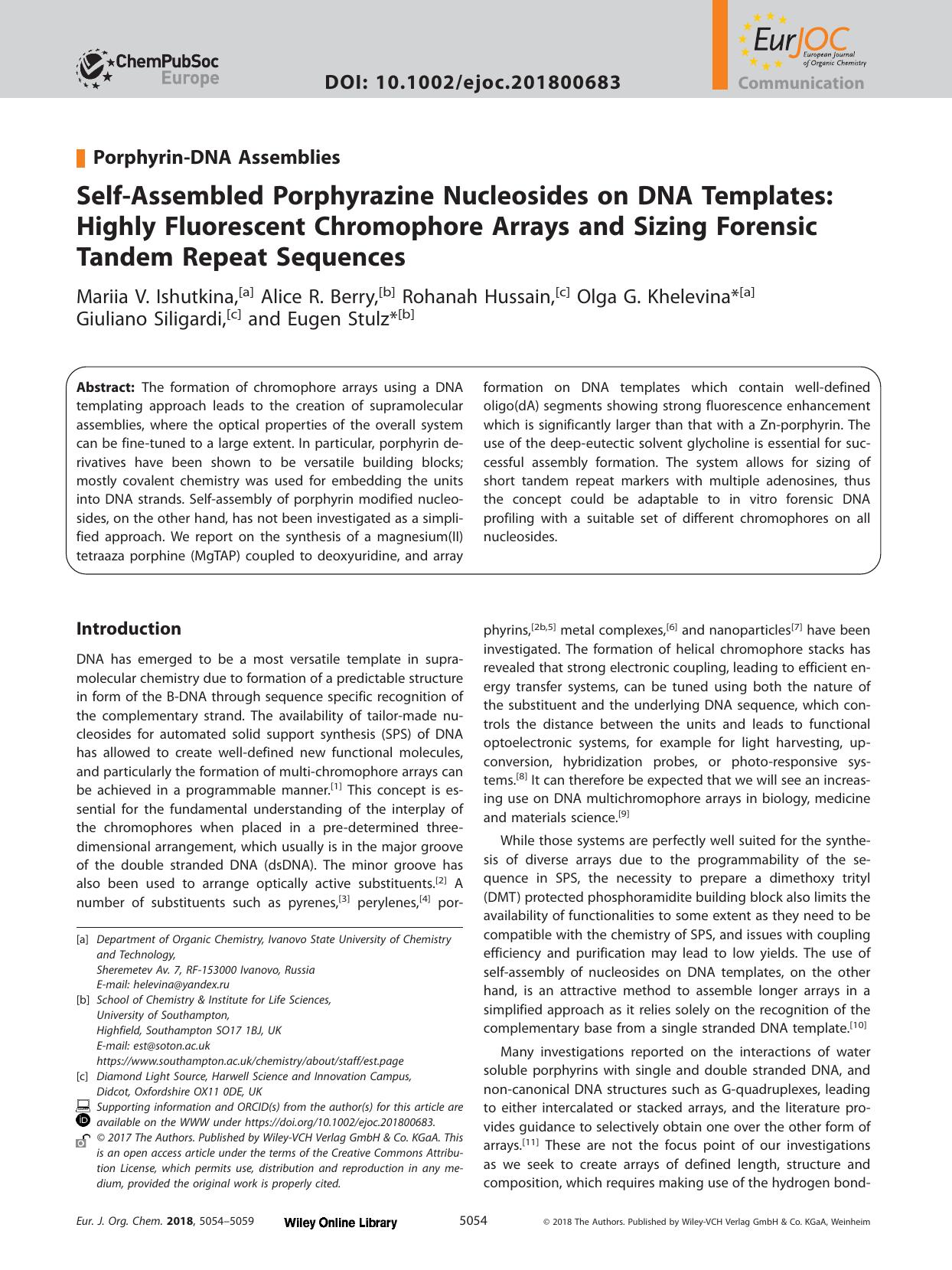 Self‐Assembled Porphyrazine Nucleosides on DNA Templates: Highly Fluorescent Chromophore Arrays and Sizing Forensic Tandem Repeat Sequences by Unknown