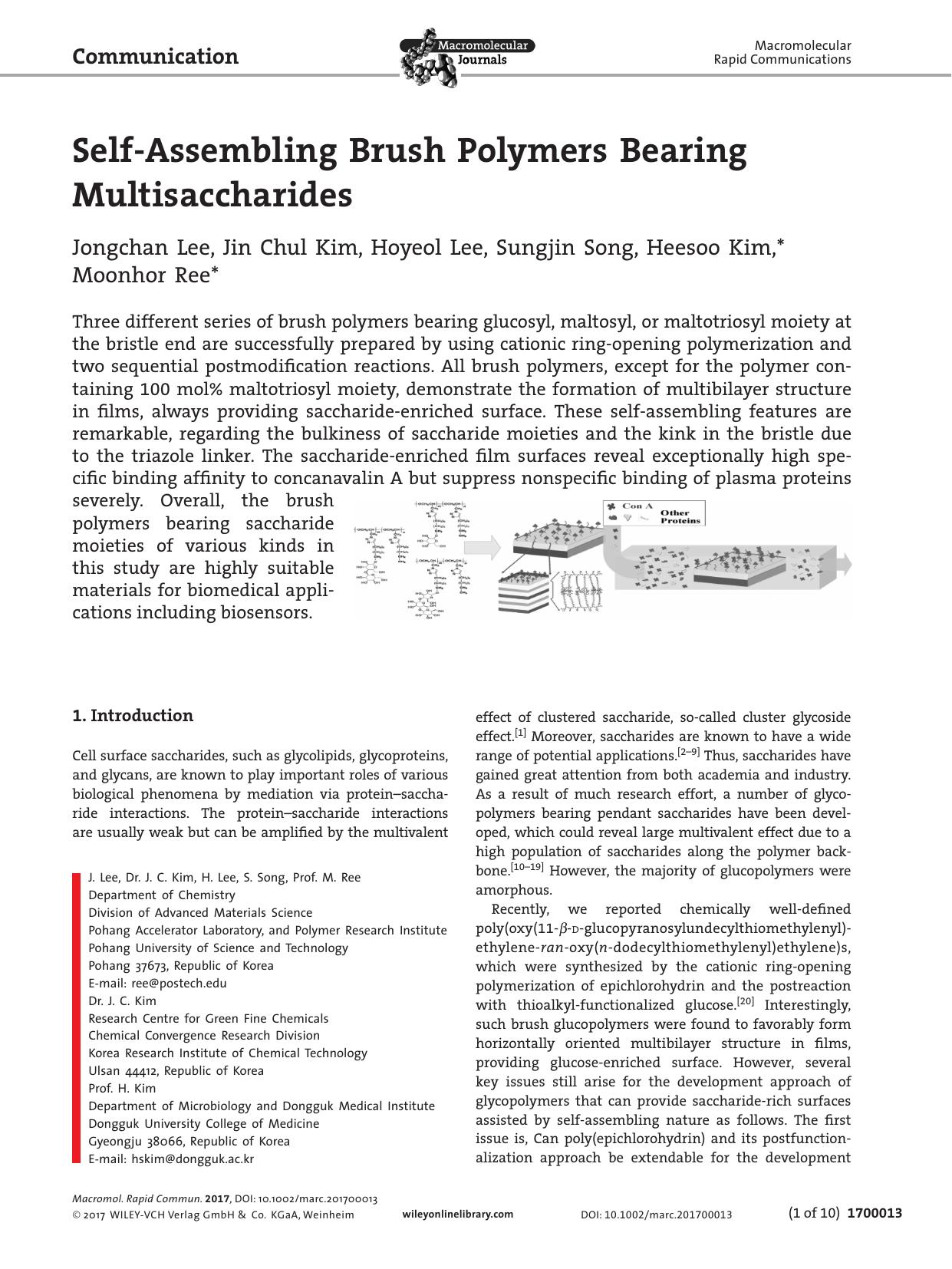 Self&#x02010;Assembling Brush Polymers Bearing Multisaccharides by Unknown