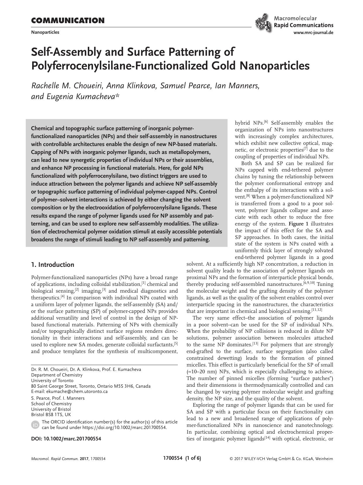 Self‐Assembly and Surface Patterning of Polyferrocenylsilane‐Functionalized Gold Nanoparticles by Unknown