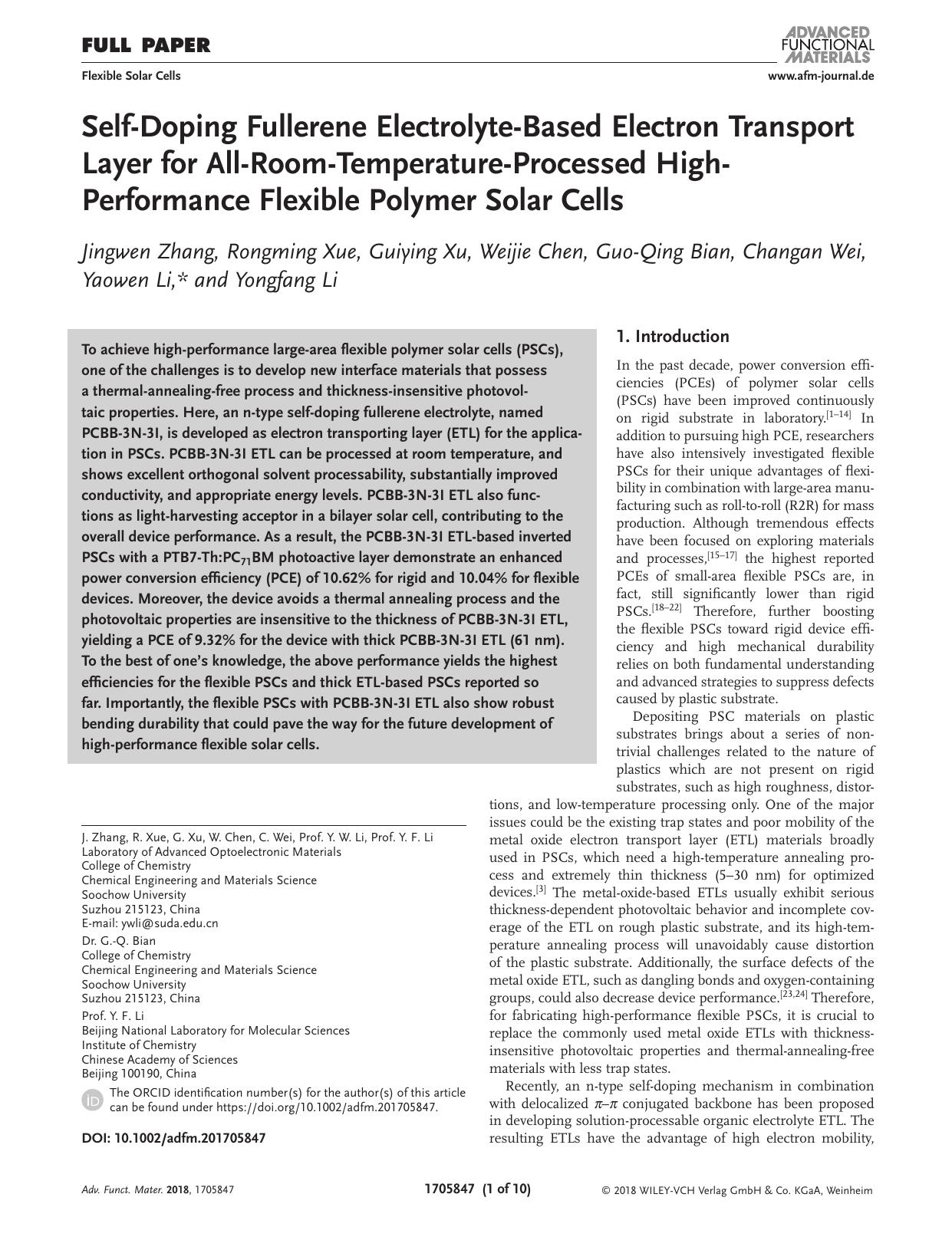 Self‐Doping Fullerene Electrolyte‐Based Electron Transport Layer for All‐Room‐Temperature‐Processed High‐Performance Flexible Polymer Solar Cells by Unknown