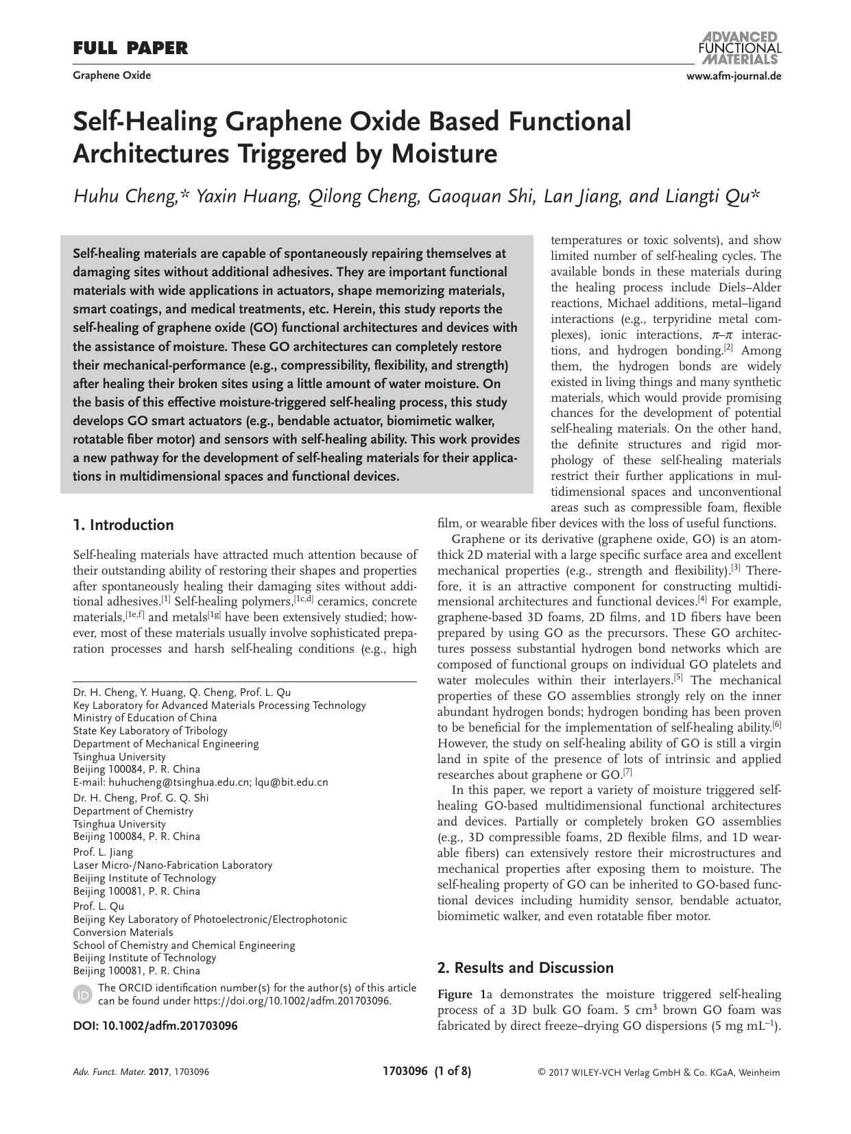 Self‐Healing Graphene Oxide Based Functional Architectures Triggered by Moisture by Unknown