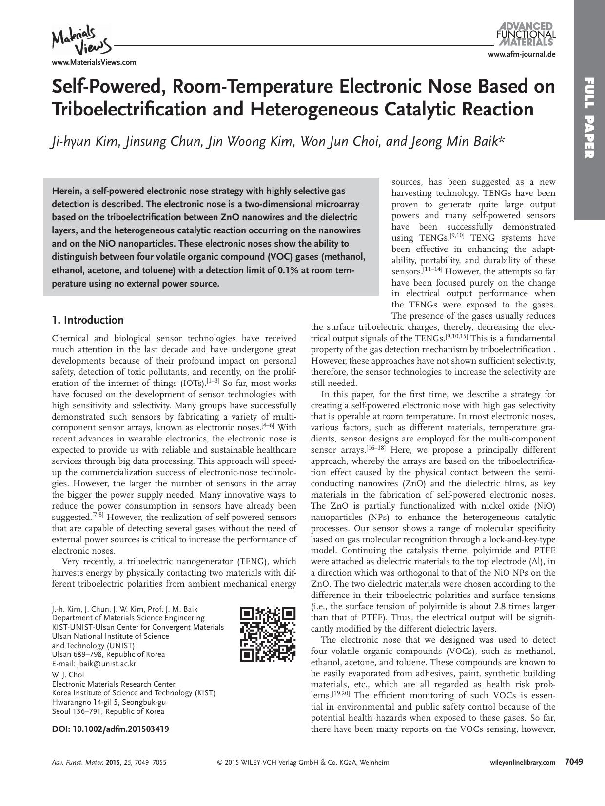 Self&#x02010;Powered, Room&#x02010;Temperature Electronic Nose Based on Triboelectrification and Heterogeneous Catalytic Reaction by Unknown