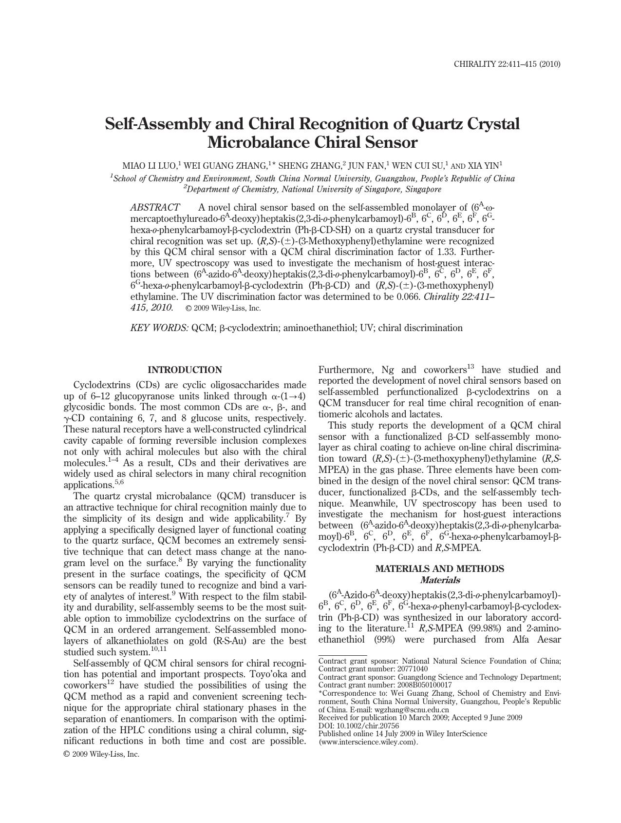 Self?assembly and chiral recognition of quartz crystal microbalance chiral sensor by Unknown