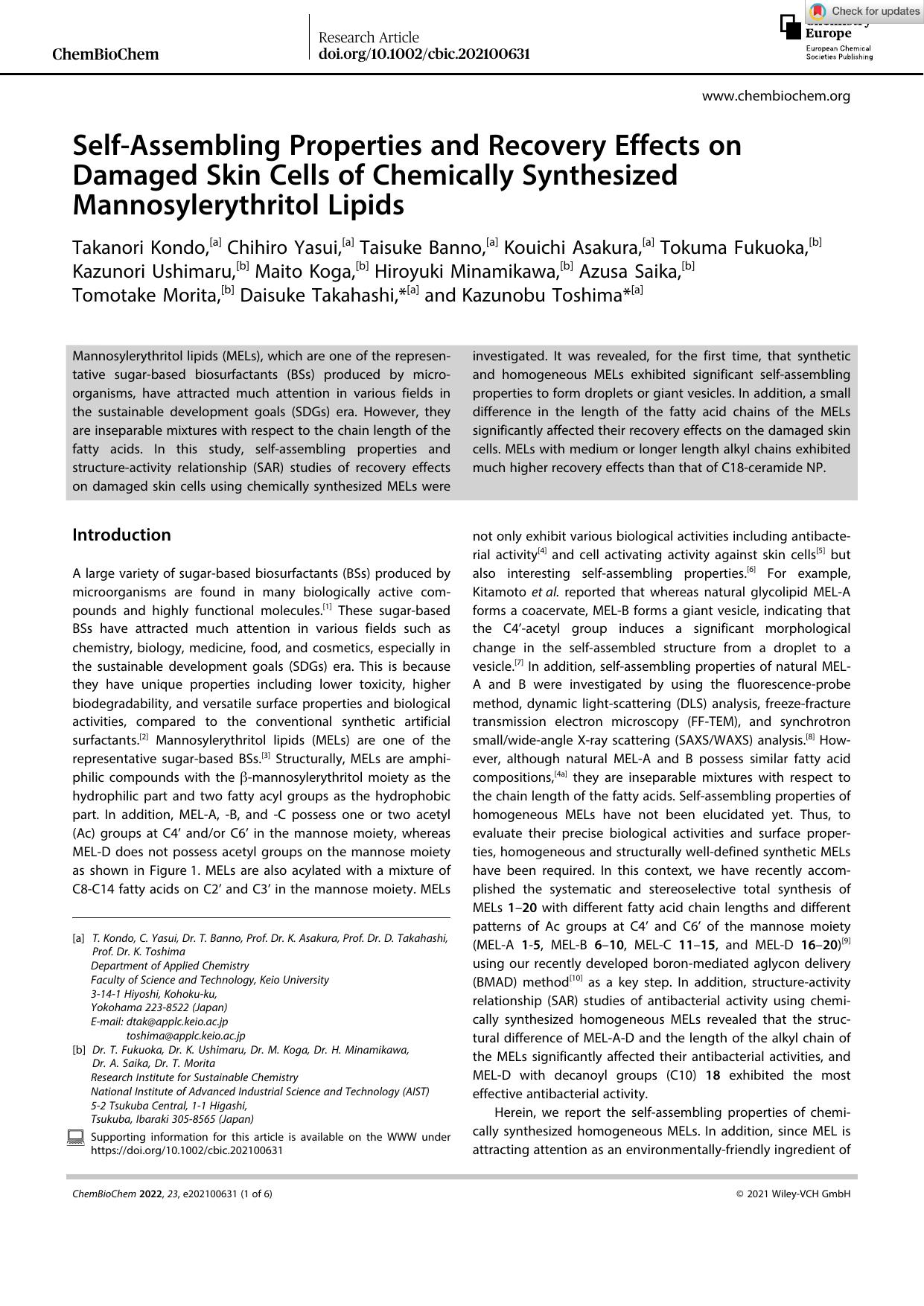 SelfâAssembling Properties and Recovery Effects on Damaged Skin Cells of Chemically Synthesized Mannosylerythritol Lipids by Unknown