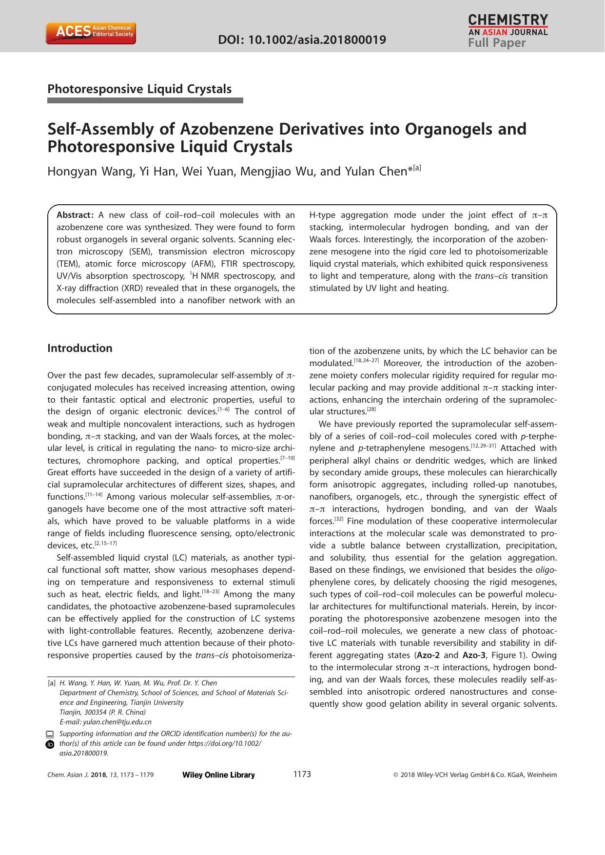 SelfâAssembly of Azobenzene Derivatives into Organogels and Photoresponsive Liquid Crystals by Unknown