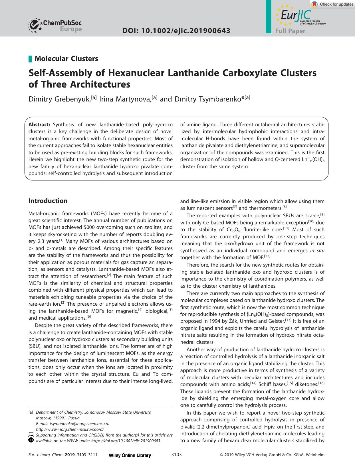 SelfâAssembly of Hexanuclear Lanthanide Carboxylate Clusters of Three Architectures by Unknown