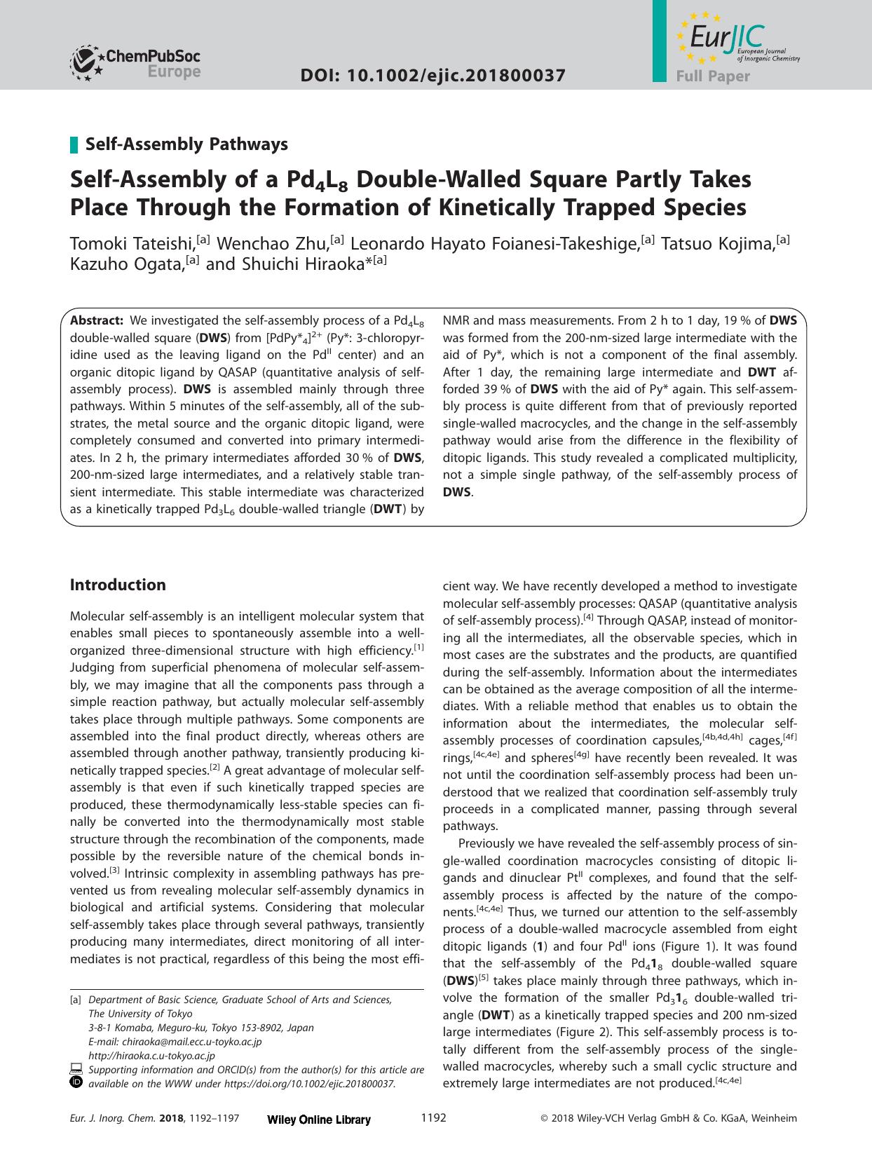 SelfâAssembly of a Pd4L8 DoubleâWalled Square Partly Takes Place Through the Formation of Kinetically Trapped Species by Unknown