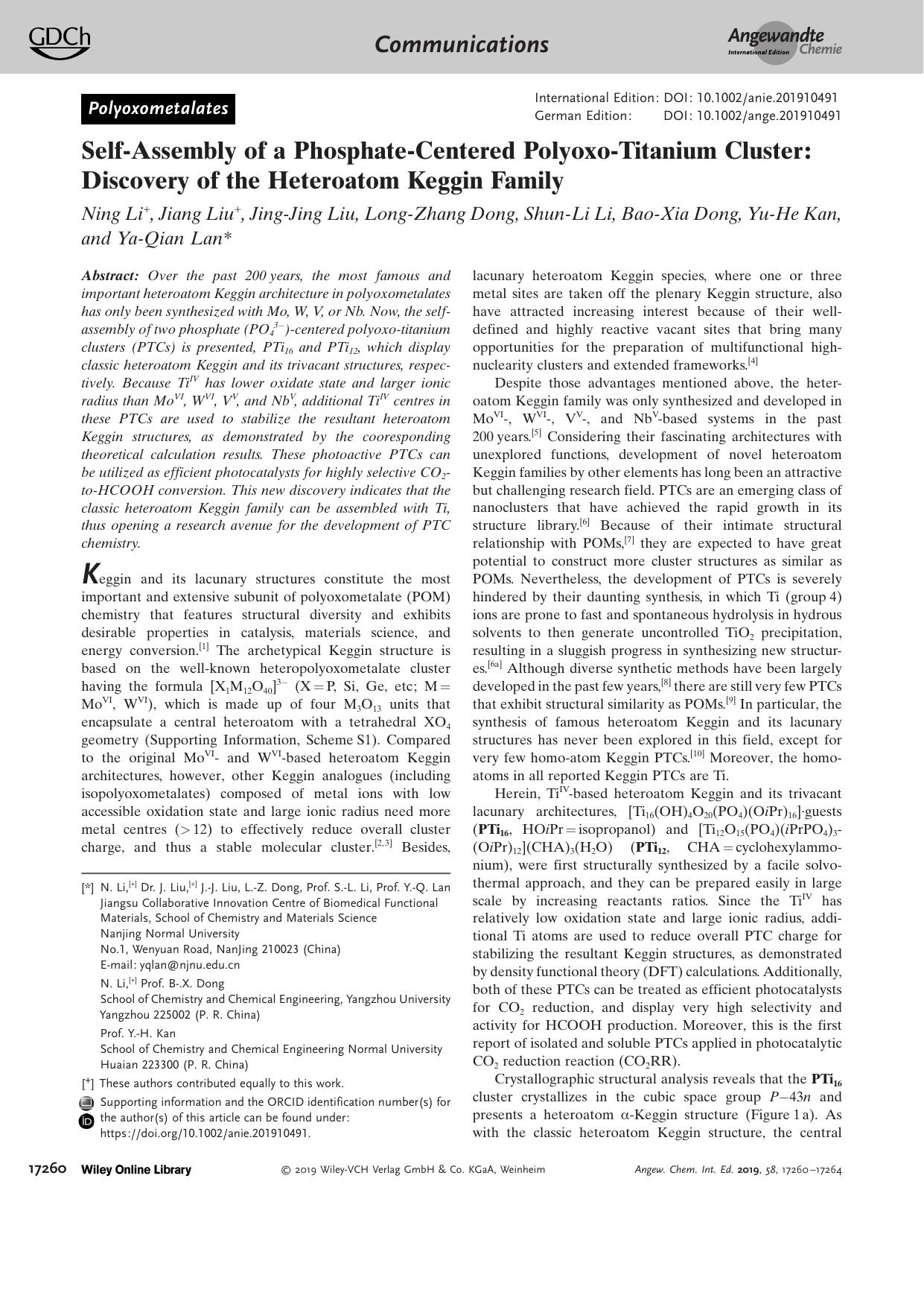 SelfâAssembly of a PhosphateâCentered PolyoxoâTitanium Cluster: Discovery of the Heteroatom Keggin Family by Unknown