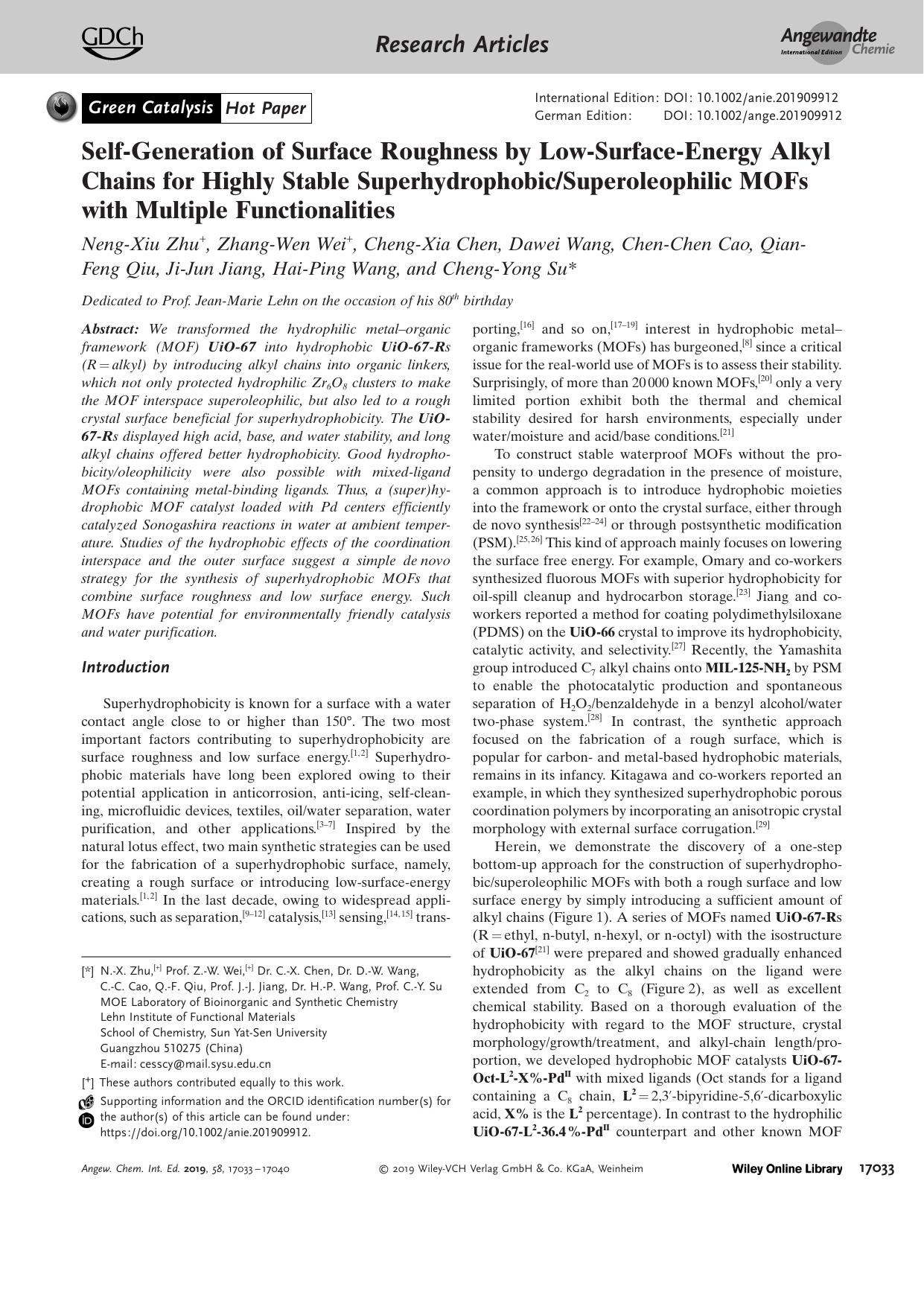 SelfâGeneration of Surface Roughness by LowâSurfaceâEnergy Alkyl Chains for Highly Stable SuperhydrophobicSuperoleophilic MOFs with Multiple Functionalities by Unknown