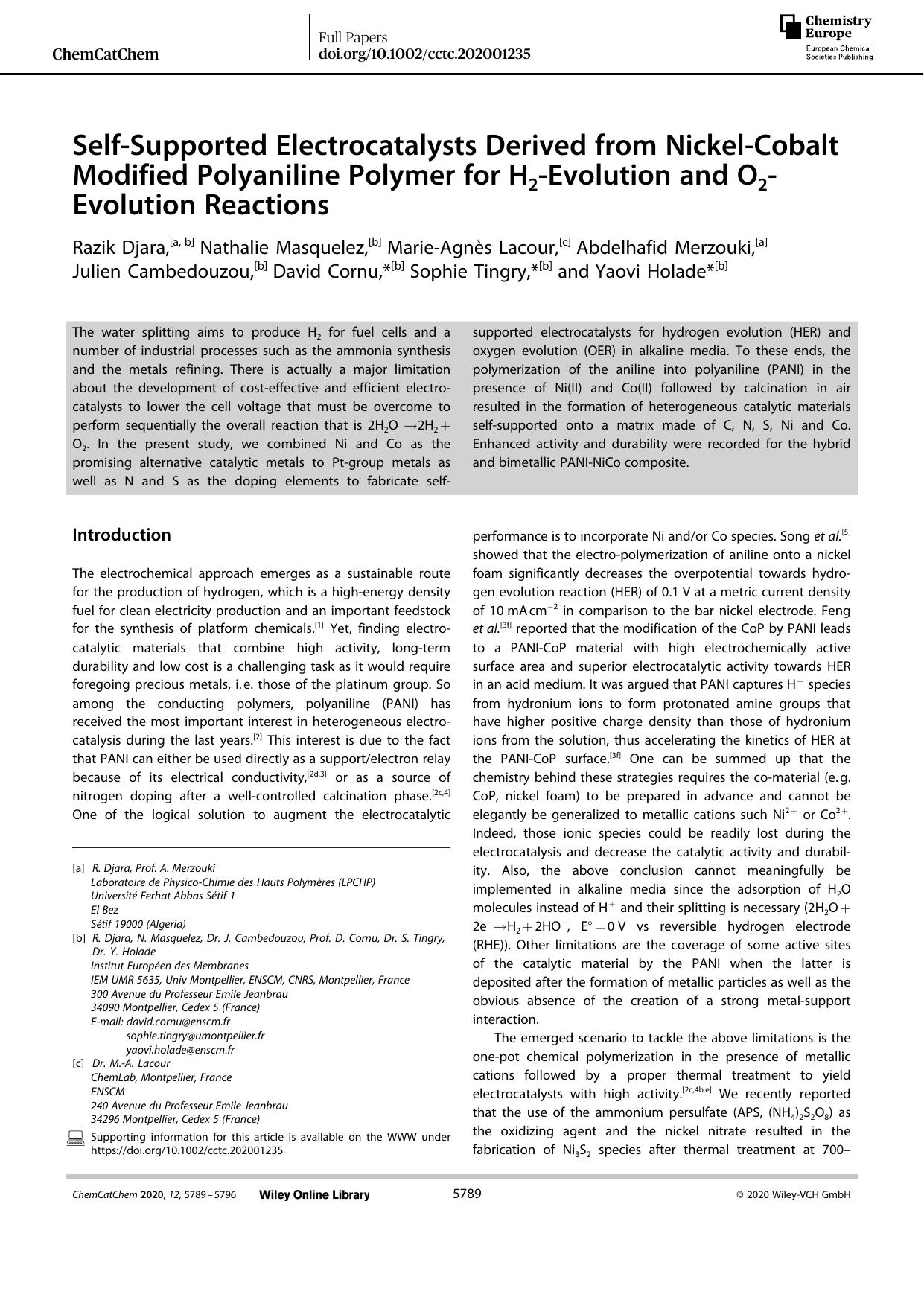 SelfâSupported Electrocatalysts Derived from NickelâCobalt Modified Polyaniline Polymer for H2âEvolution and O2âEvolution Reactions by Unknown