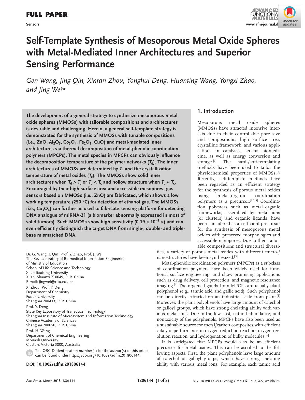 SelfâTemplate Synthesis of Mesoporous Metal Oxide Spheres with MetalâMediated Inner Architectures and Superior Sensing Performance by Unknown