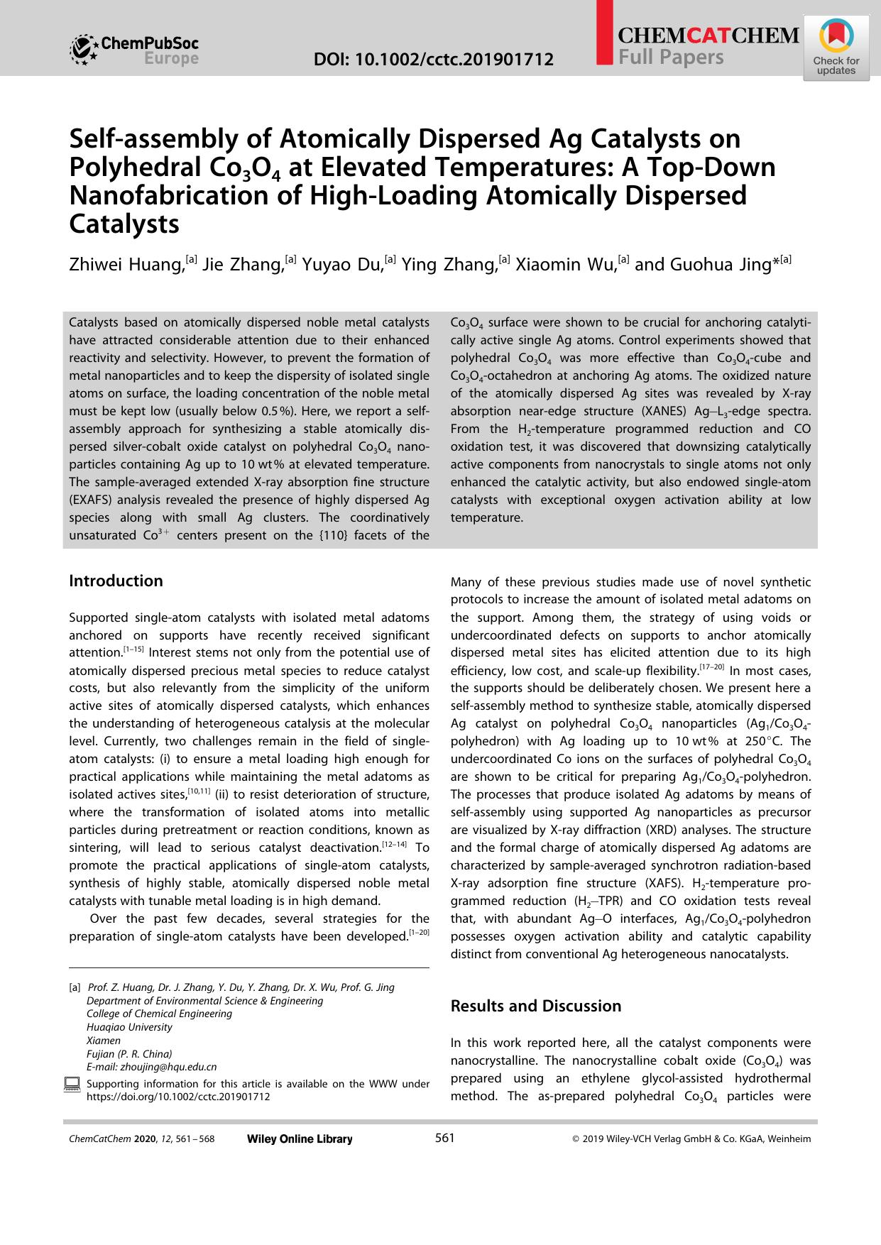 Selfâassembly of Atomically Dispersed Ag Catalysts on Polyhedral Co3O4 at Elevated Temperatures: A TopâDown Nanofabrication of HighâLoading Atomically Dispersed Catalysts by Unknown