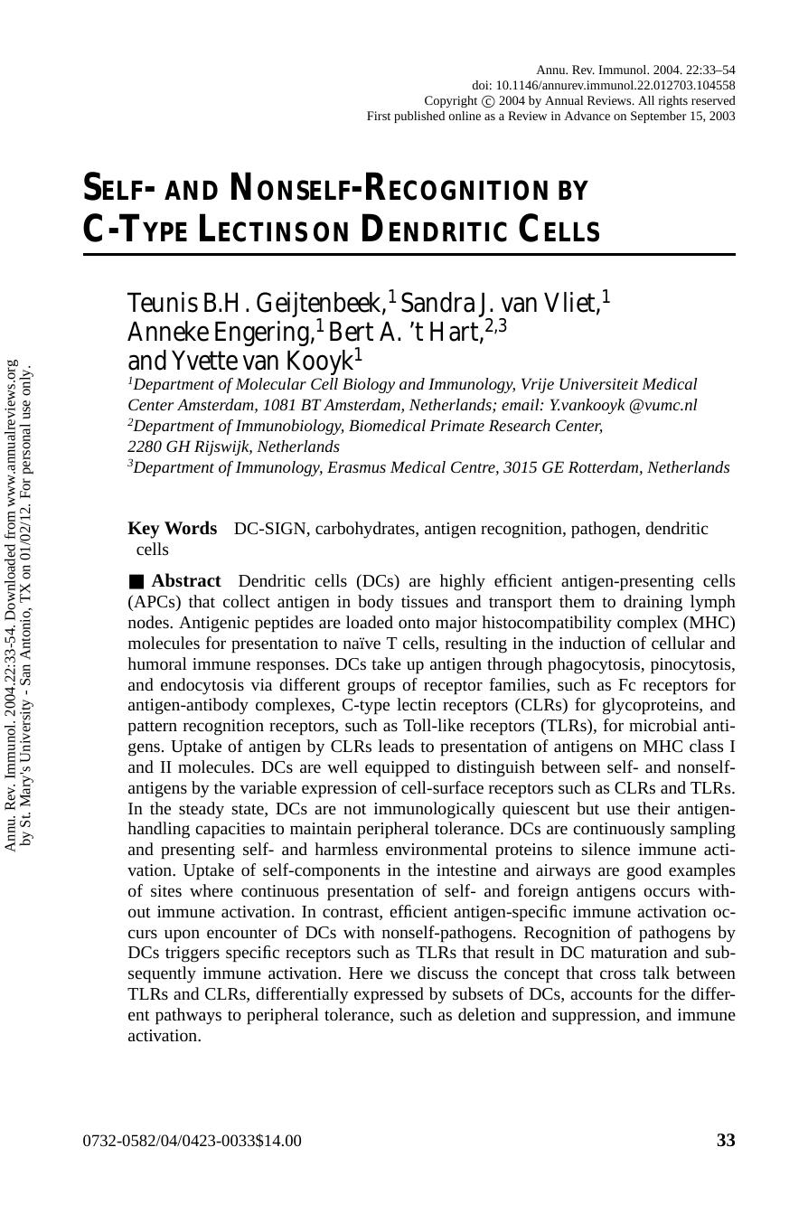 Self- and Nonself-Recognition by C-Type Lectins on Dendritic Cells by unknow