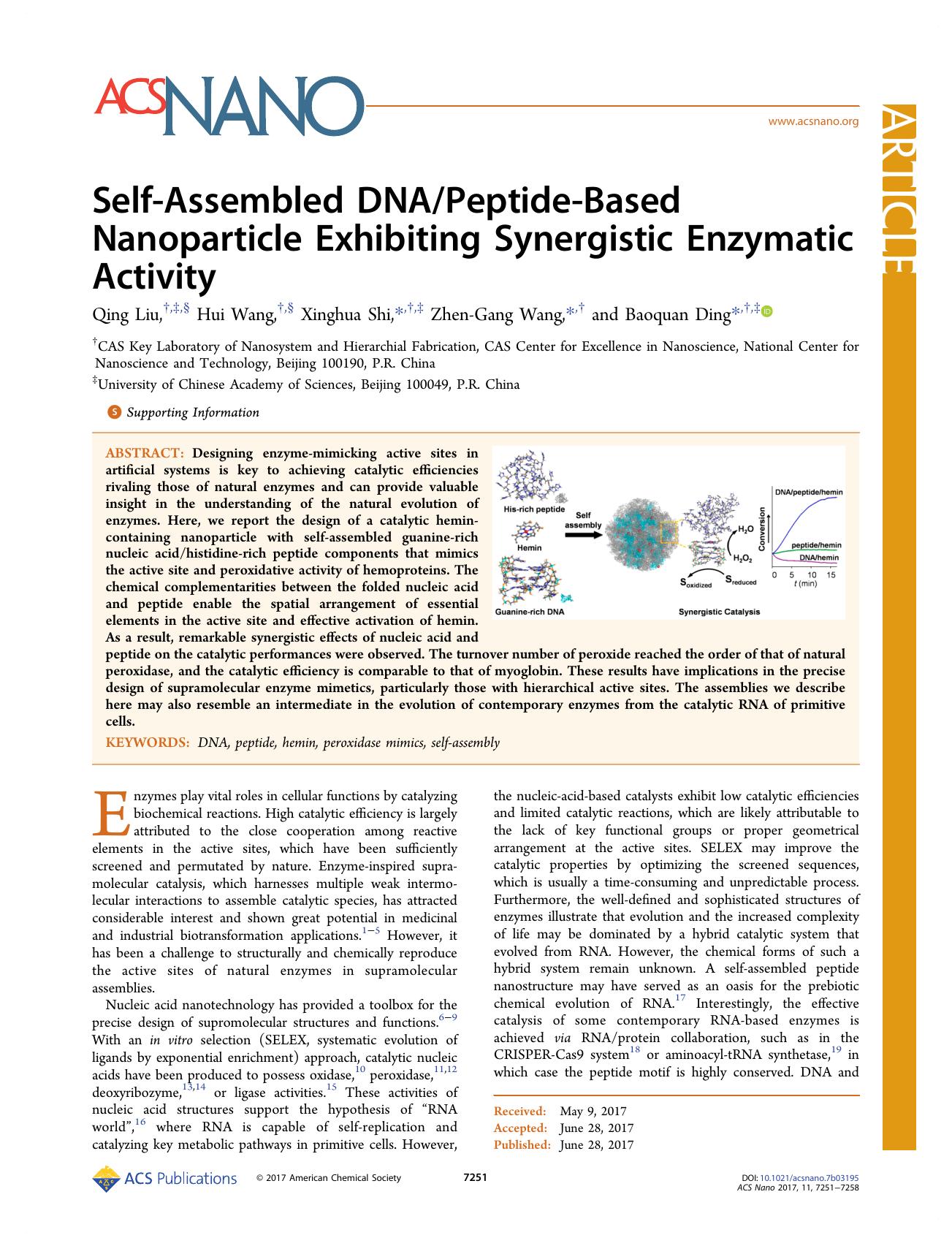 Self-Assembled DNAPeptide-Based Nanoparticle Exhibiting Synergistic Enzymatic Activity by Qing Liu Hui Wang Xinghua Shi Zhen-Gang Wang & Baoquan Ding