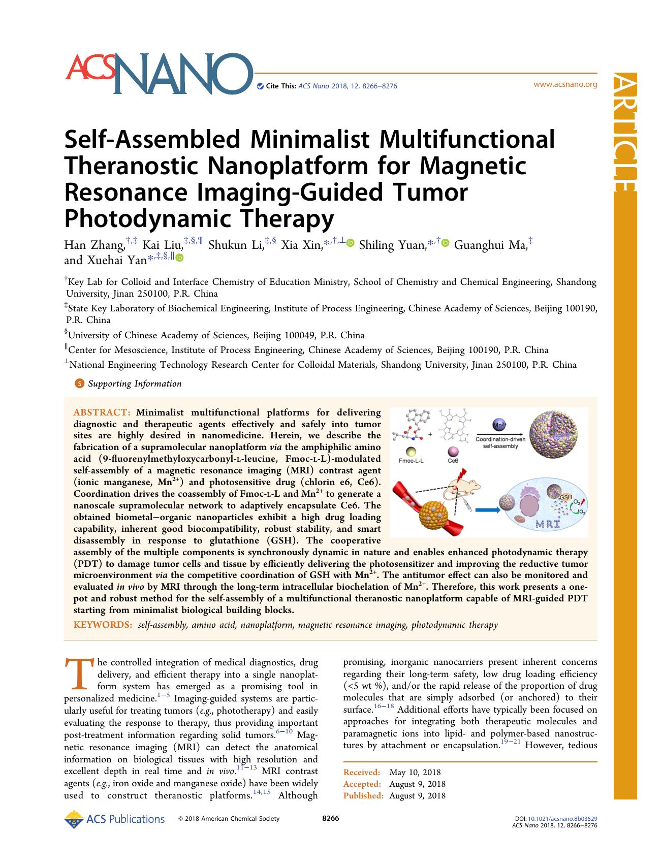 Self-Assembled Minimalist Multifunctional Theranostic Nanoplatform for Magnetic Resonance Imaging-Guided Tumor Photodynamic Therapy by Han Zhang Kai Liu Shukun Li Xia Xin Shiling Yuan Guanghui Ma and Xuehai Yan