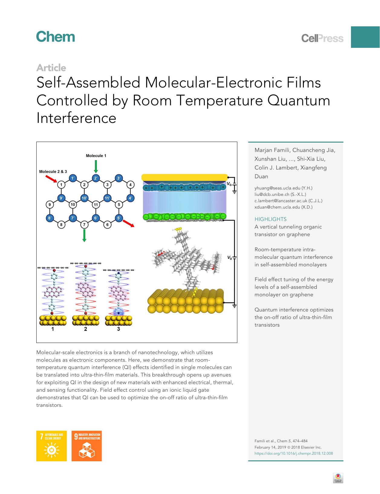 Self-Assembled Molecular-Electronic Films Controlled by Room Temperature Quantum Interference by Marjan Famili