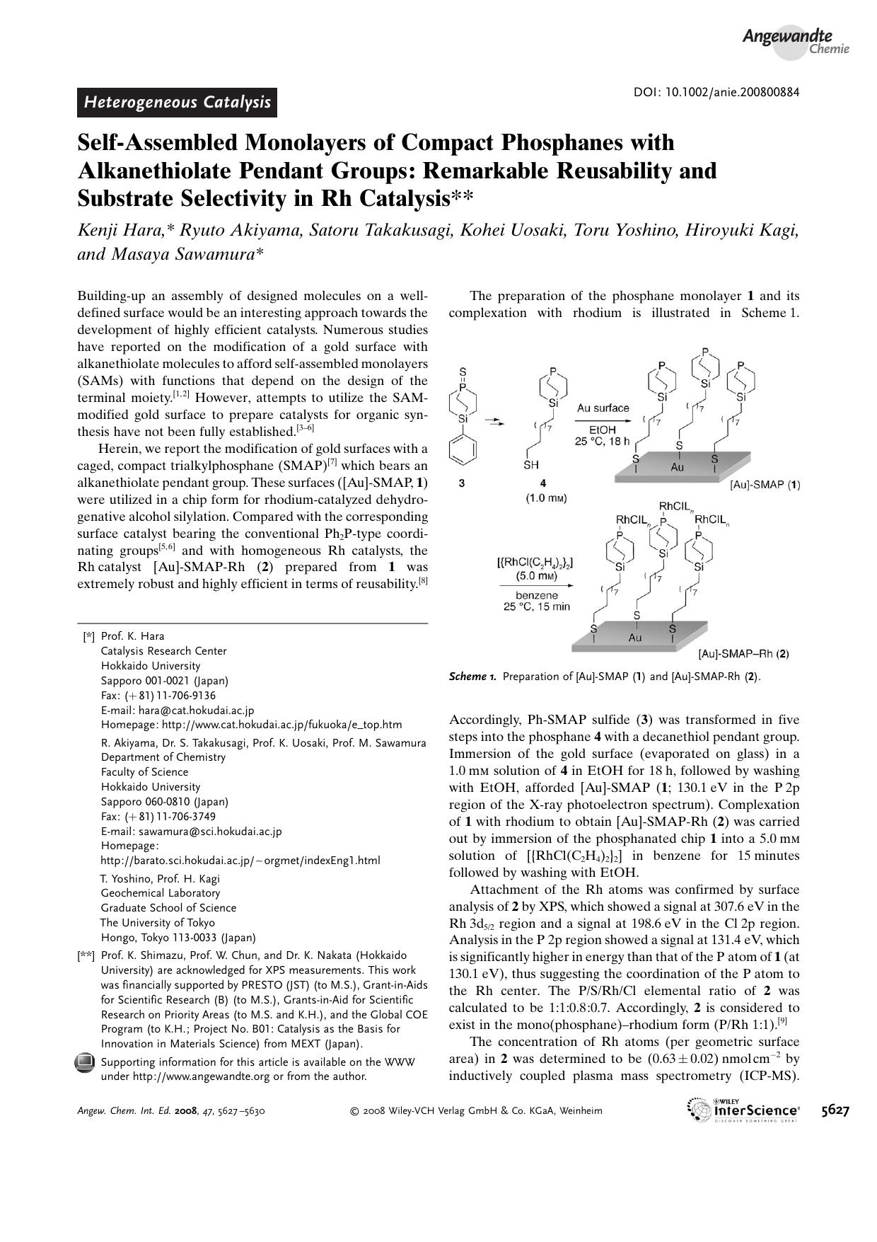 Self-Assembled Monolayers of Compact Phosphanes with Alkanethiolate Pendant Groups: Remarkable Reusability and Substrate Selectivity in Rh Catalysis by Unknown