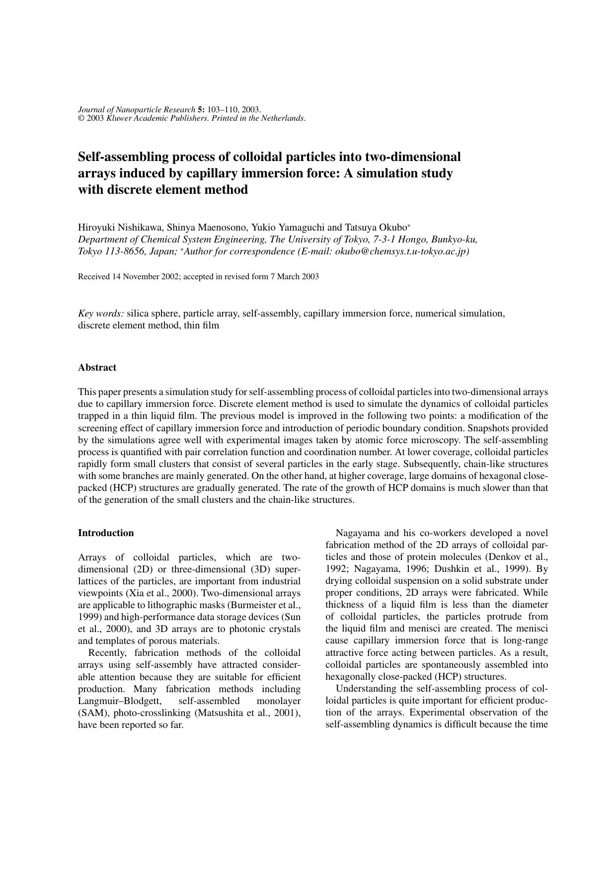 Self-Assembling Process of Colloidal Particles into Two-Dimensional Arrays Induced by Capillary Immersion Force: A Simulation Study With Discrete Element Method by Unknown