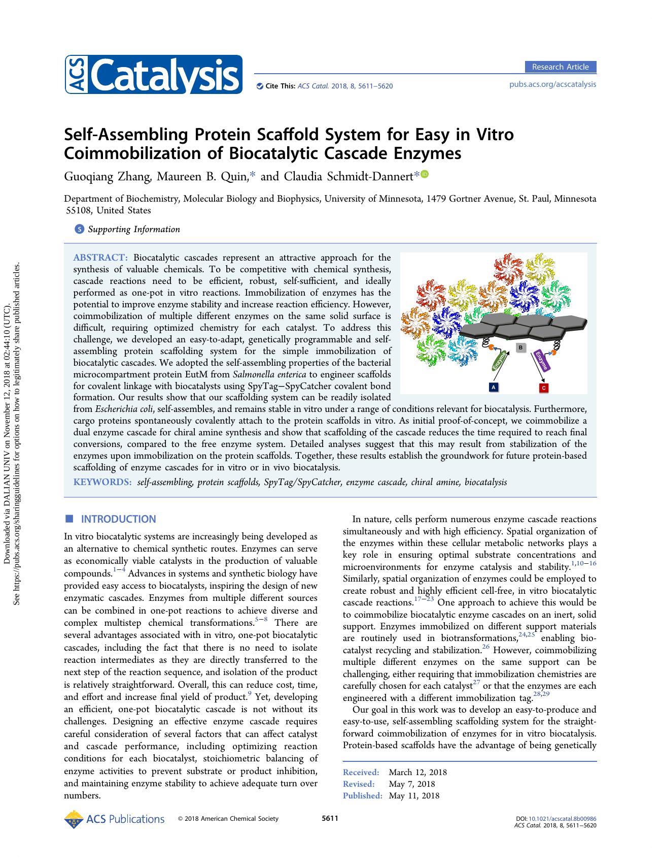 Self-Assembling Protein Scaffold System for Easy in Vitro Coimmobilization of Biocatalytic Cascade Enzymes by Guoqiang Zhang & Maureen B. Quin & Claudia Schmidt-Dannert