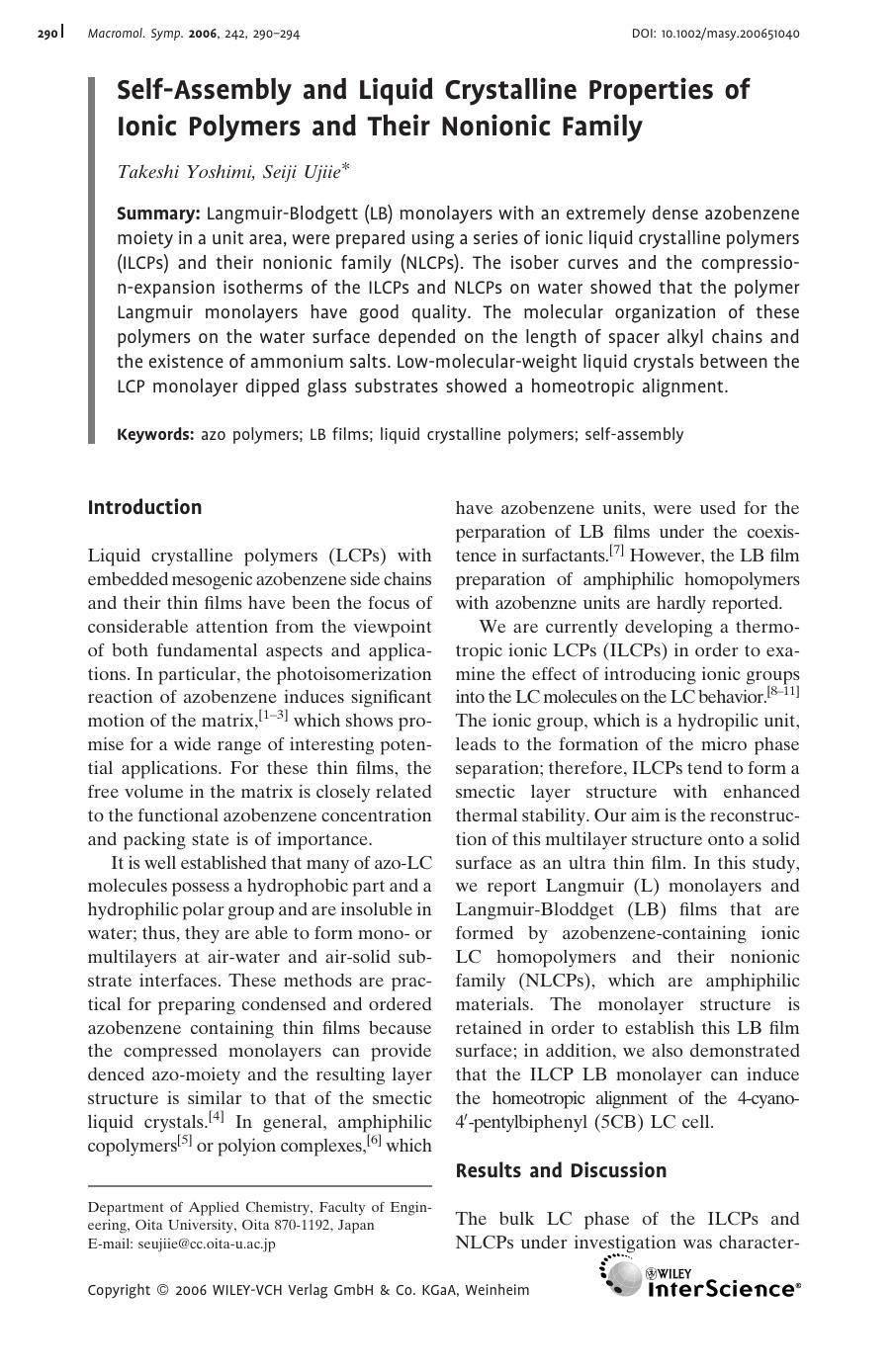 Self-Assembly and Liquid Crystalline Properties of Ionic Polymers and Their Nonionic Family by Unknown