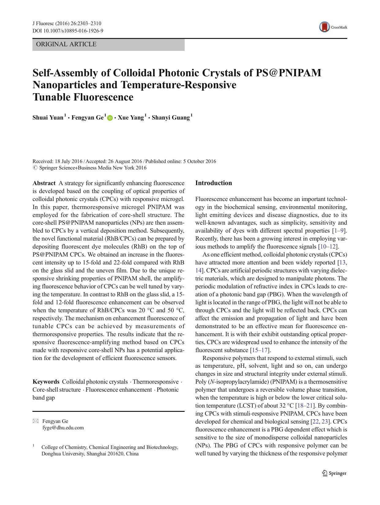 Self-Assembly of Colloidal Photonic Crystals of PS@PNIPAM Nanoparticles and Temperature-Responsive Tunable Fluorescence by Shuai Yuan & Fengyan Ge & Xue Yang & Shanyi Guang