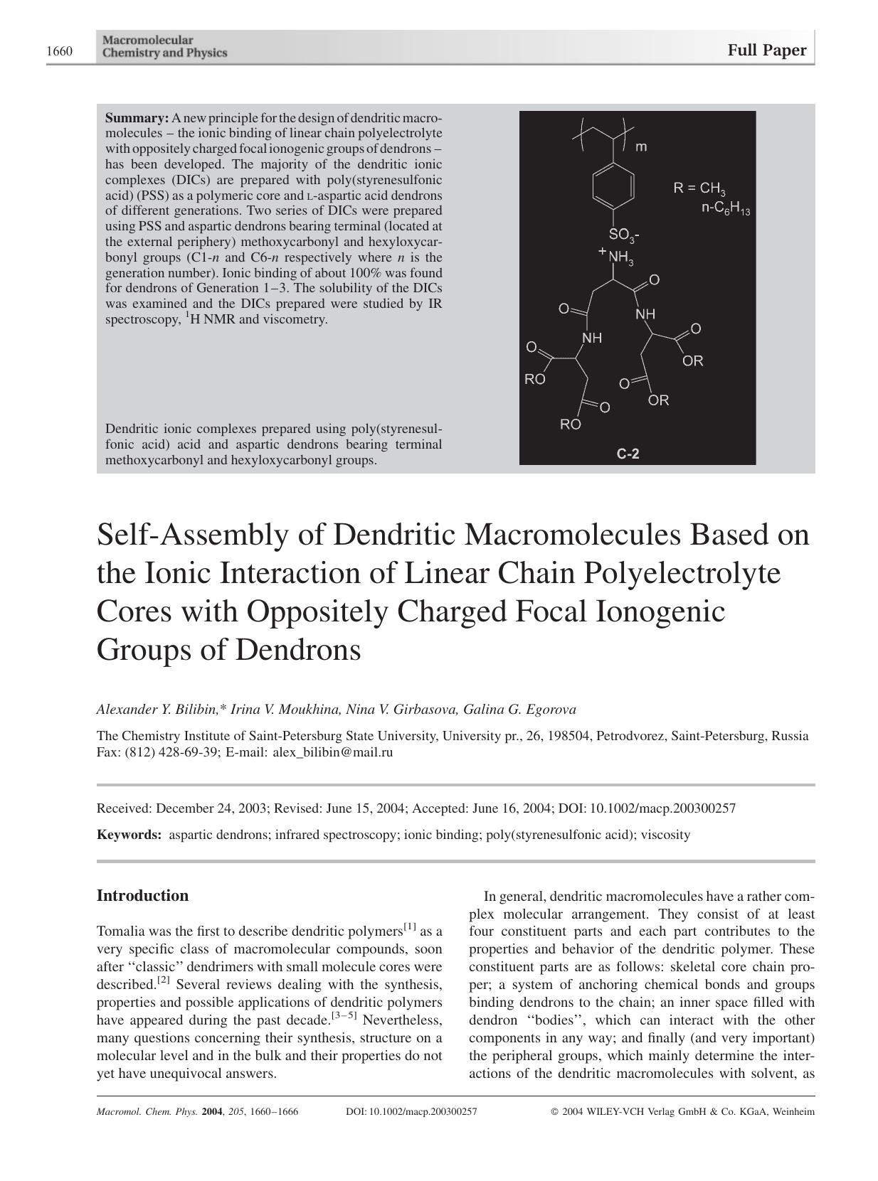 Self-Assembly of Dendritic Macromolecules Based on the Ionic Interaction of Linear Chain Polyelectrolyte Cores with Oppositely Charged Focal Ionogenic Groups of Dendrons by Unknown
