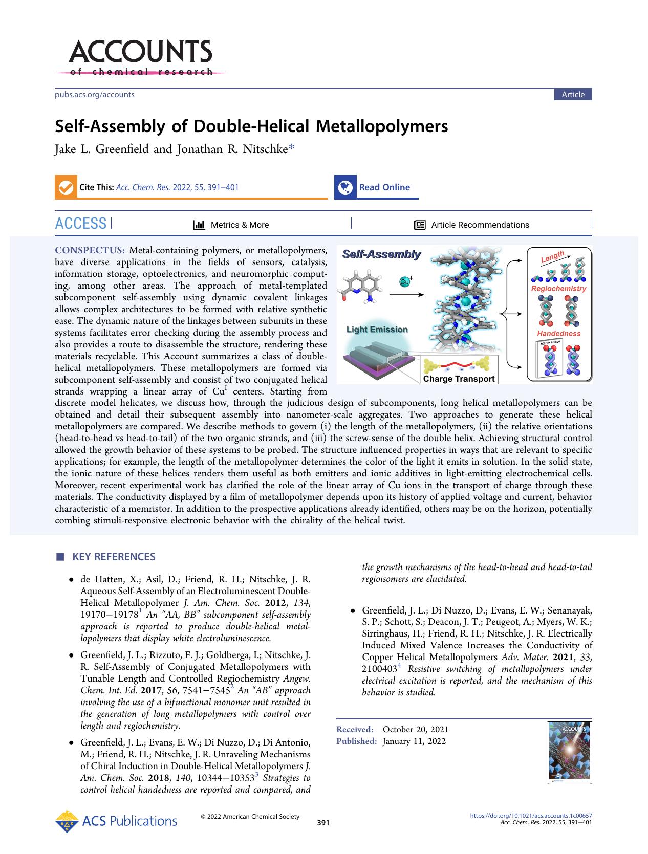 Self-Assembly of Double-Helical Metallopolymers by Jake L. Greenfield and Jonathan R. Nitschke