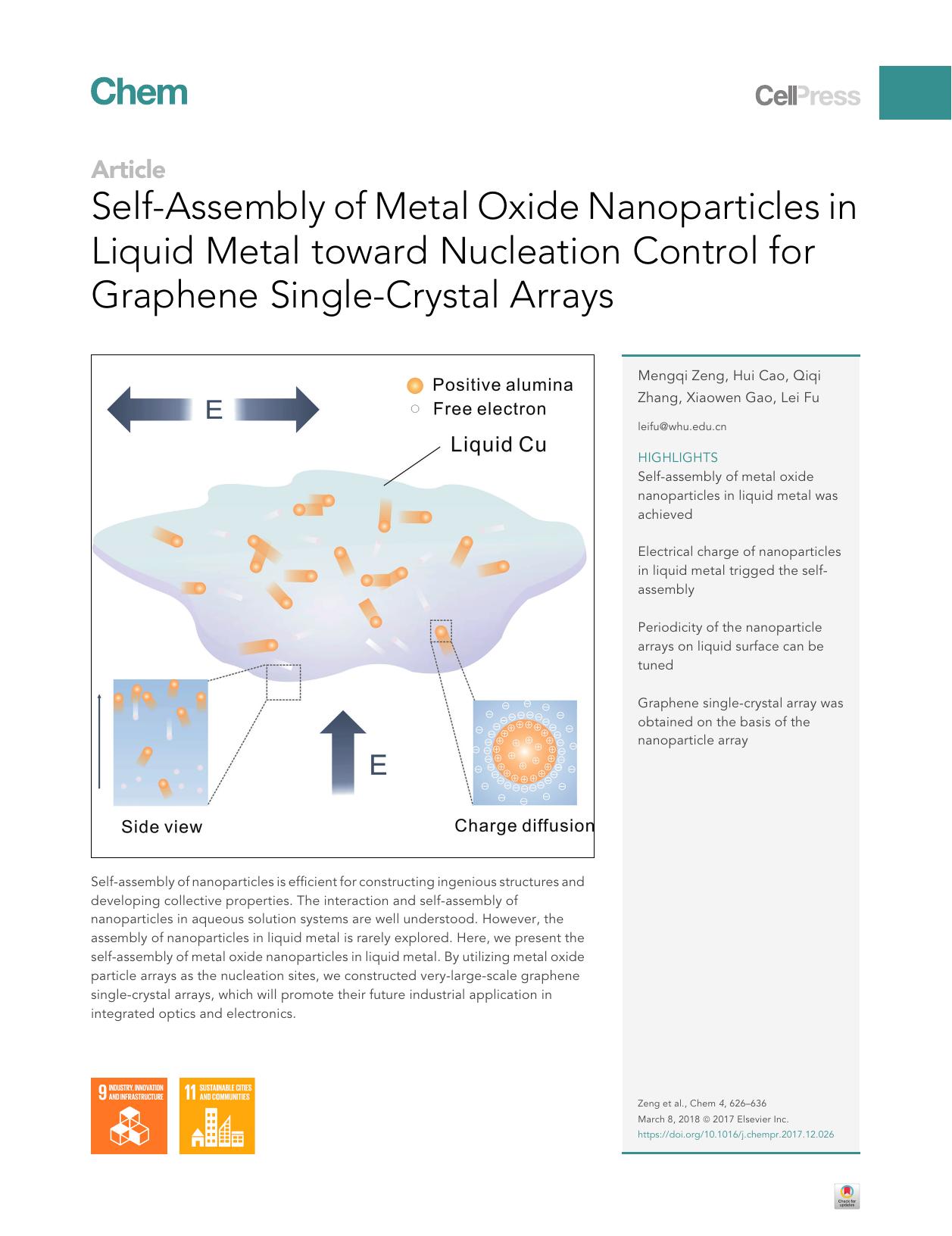 Self-Assembly of Metal Oxide Nanoparticles in Liquid Metal toward Nucleation Control for Graphene Single-Crystal Arrays by Mengqi Zeng & Hui Cao & Qiqi Zhang & Xiaowen Gao & Lei Fu