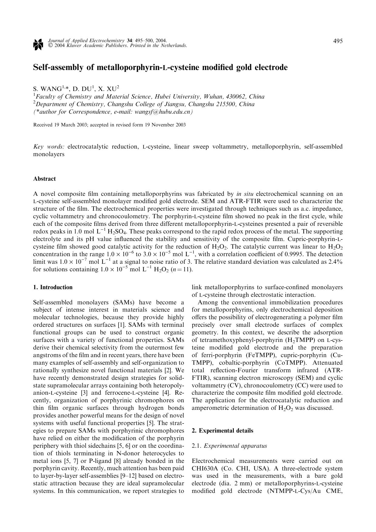 Self-Assembly of Metalloporphyrin-L-Cysteine Modified Gold Electrode by Unknown